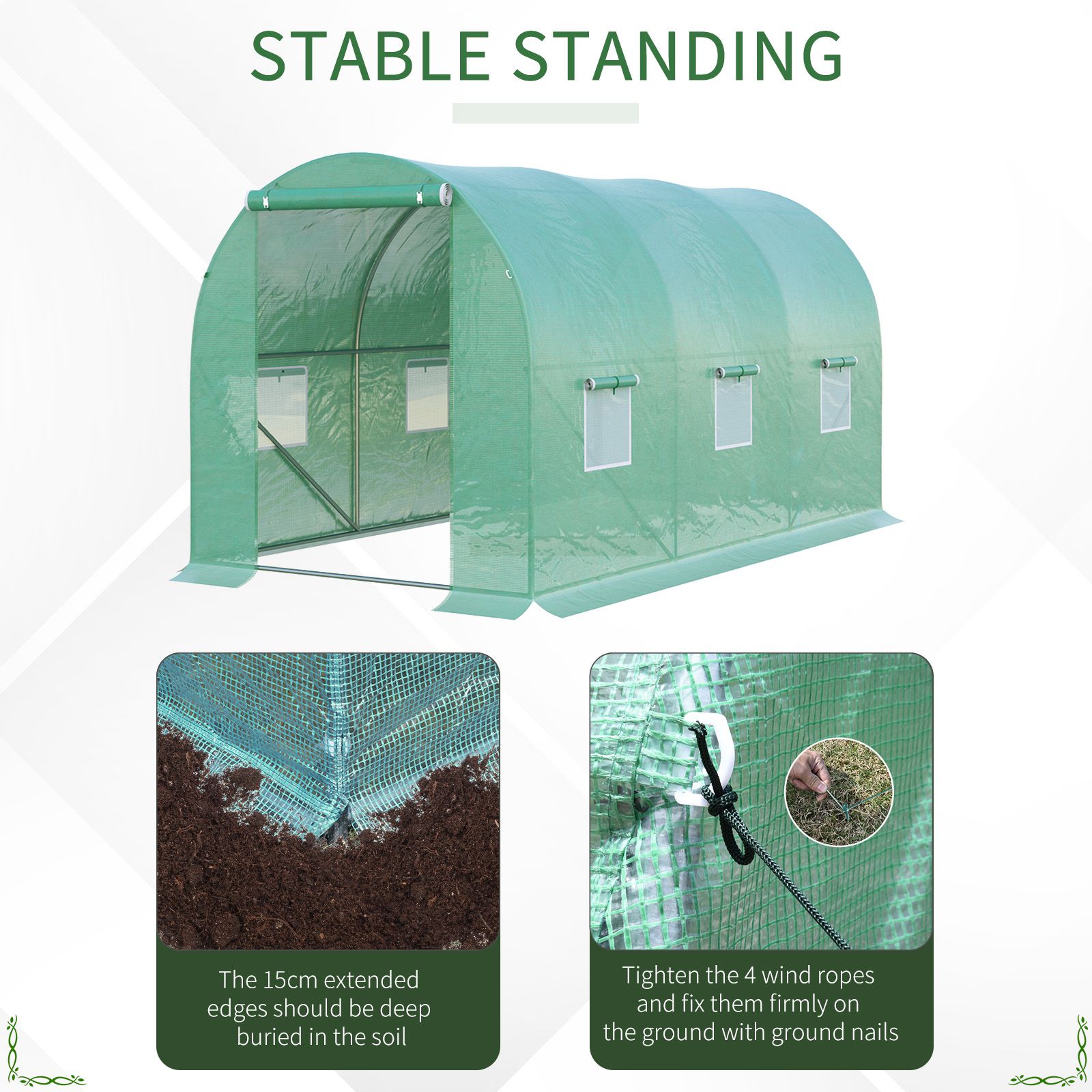 Outsunny 4 x 2 x 2 m Polytunnel Greenhouse with Roll-up Door and 6 Mesh Windows, Walk-in Garden Tunnel Warm House Tent with UV-resistant PE Cover and Galvanised Steel Frame, Green 4