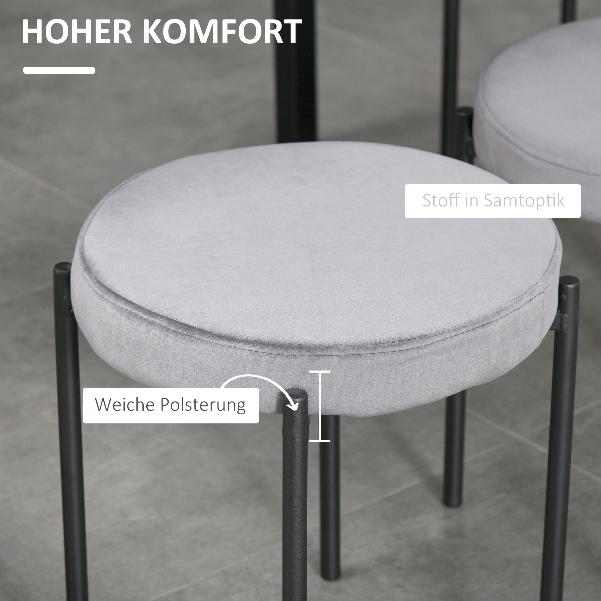 4 virnastatava söögitooli komplekt, köögitoolid polsterdatud istmega, sametine viimistlus, metall, hall, 41,5 x 41,5 x 46 cm