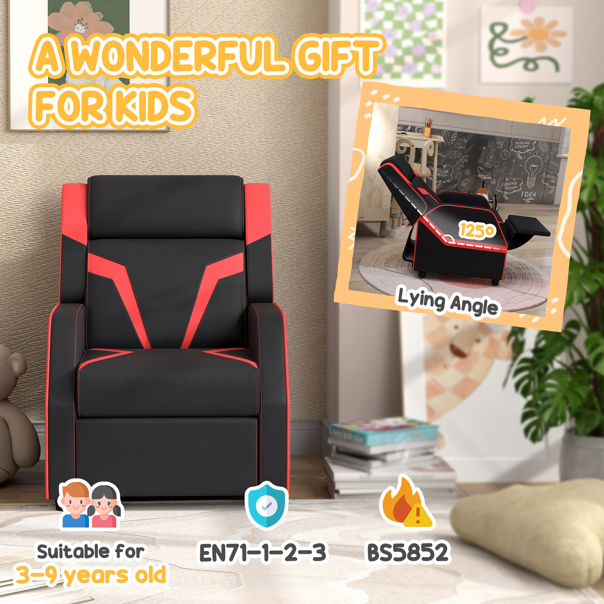 AIYAPLAY 2 in 1 Kids Chair Recliner with Backrest, Armrest, Footrest, PU Leather, for 3-9 Years Old, Black 8