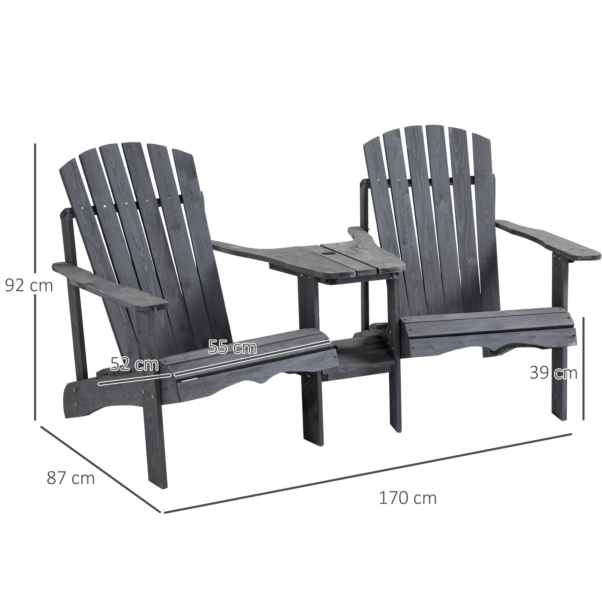 Outsunny Wooden Outdoor Double Adirondack Chairs Loveseat w/ Centre Table and Umbrella Hole, Garden Patio Furniture for Lounging and Relaxing, Dark Grey 3