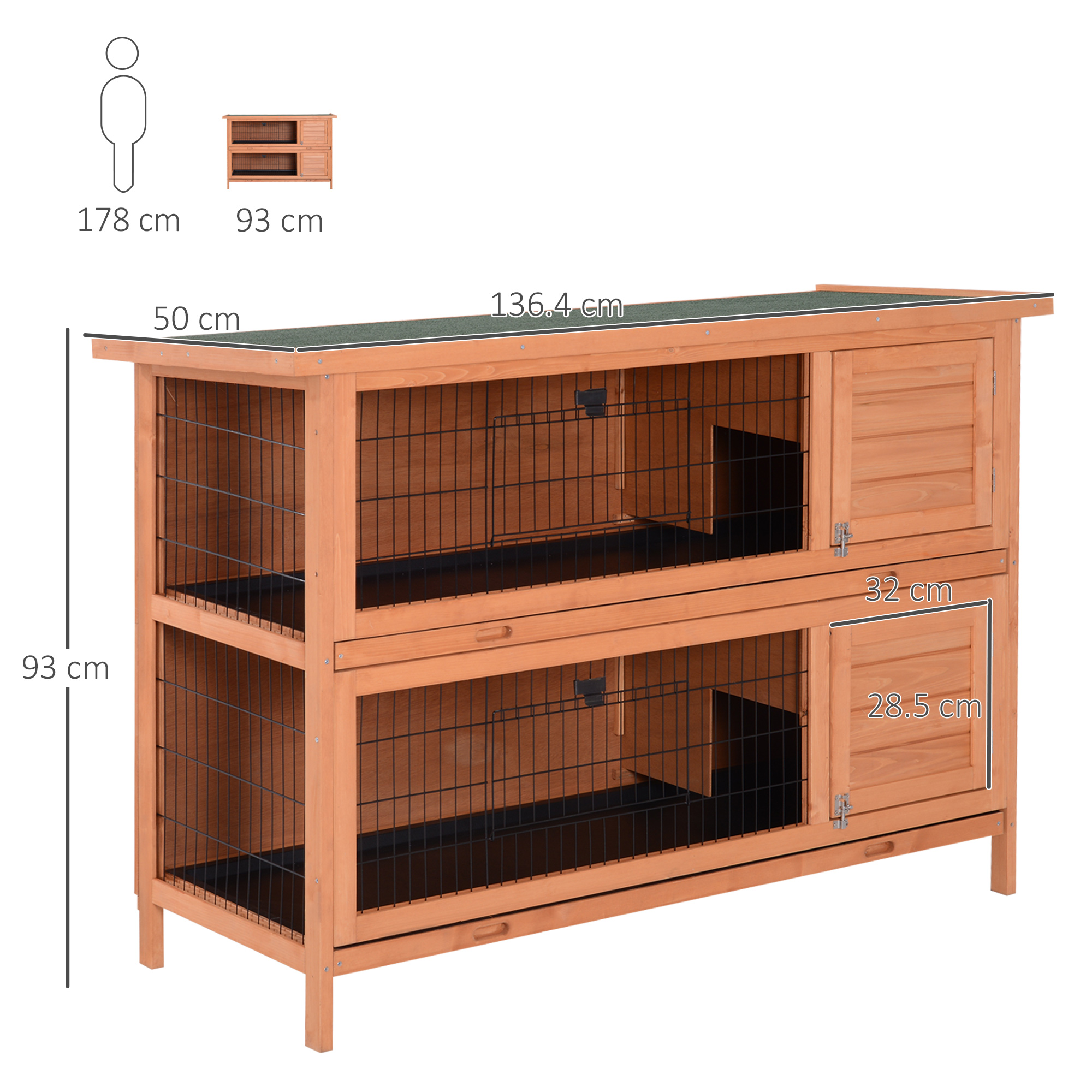 PawHut Rabbit Hutch Outdoor Guinea Pig Hutch Bunny Cage with No-Leak Trays, Divider, 136 x 50 x 93cm, Orange 3