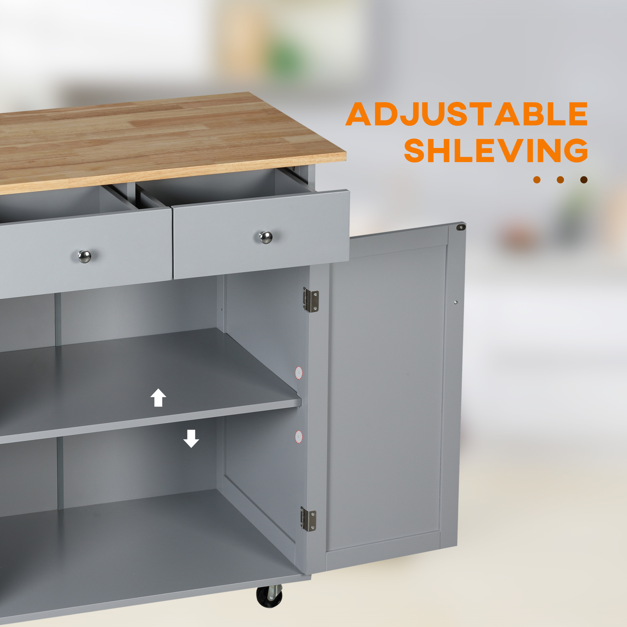 HOMCOM Rolling Kitchen Island on Wheels, Utility Serving Cart with Rubber Wood Top, Towel Rack, Hooks and Storage Drawers, Grey 6
