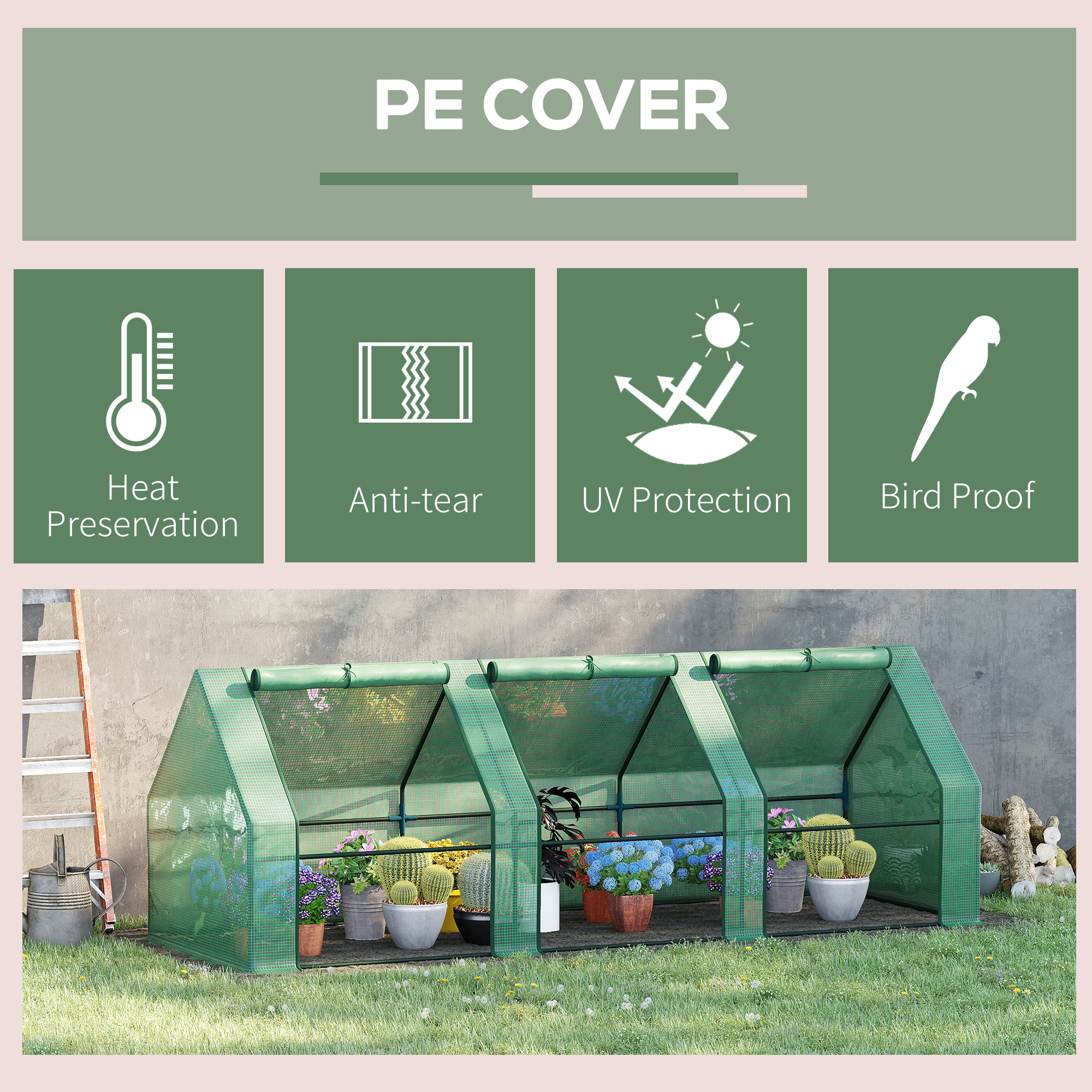 Outsunny Mini Small Greenhouse with Steel Frame & PE Cover & Zipped Window Poly tunnel Steeple for Plants Vegetables, 270 x 90 x 90 cm, Green 4