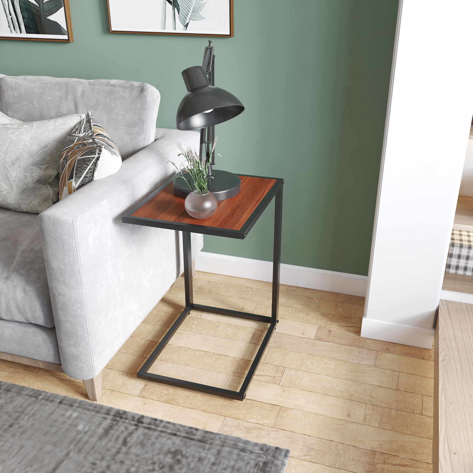 HOMCOM C-Shaped Side Table, Sofa End Table with Metal Frame, Accent Couch Table for Living room, Bedroom, Walnut and Black 4