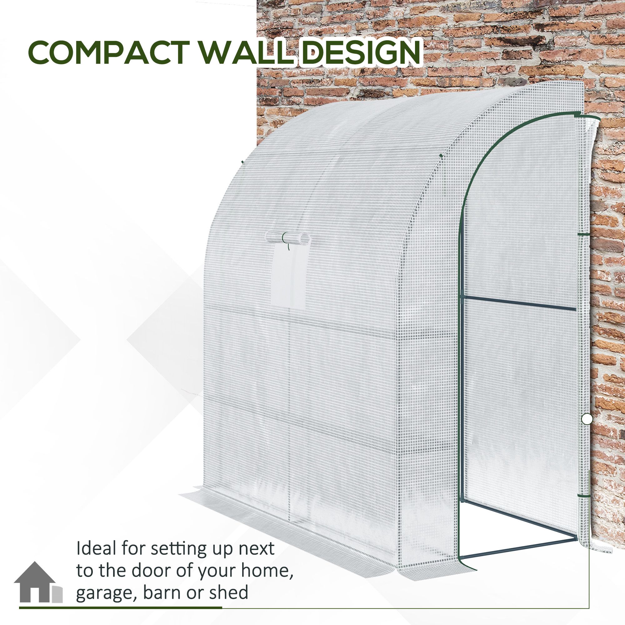 Outsunny Walk-In Lean to Wall Greenhouse with Windows and Doors, Outdoor Green House with 3 Tiers 4 Wired Shelves, 200L x 100W x 215Hcm, White 5