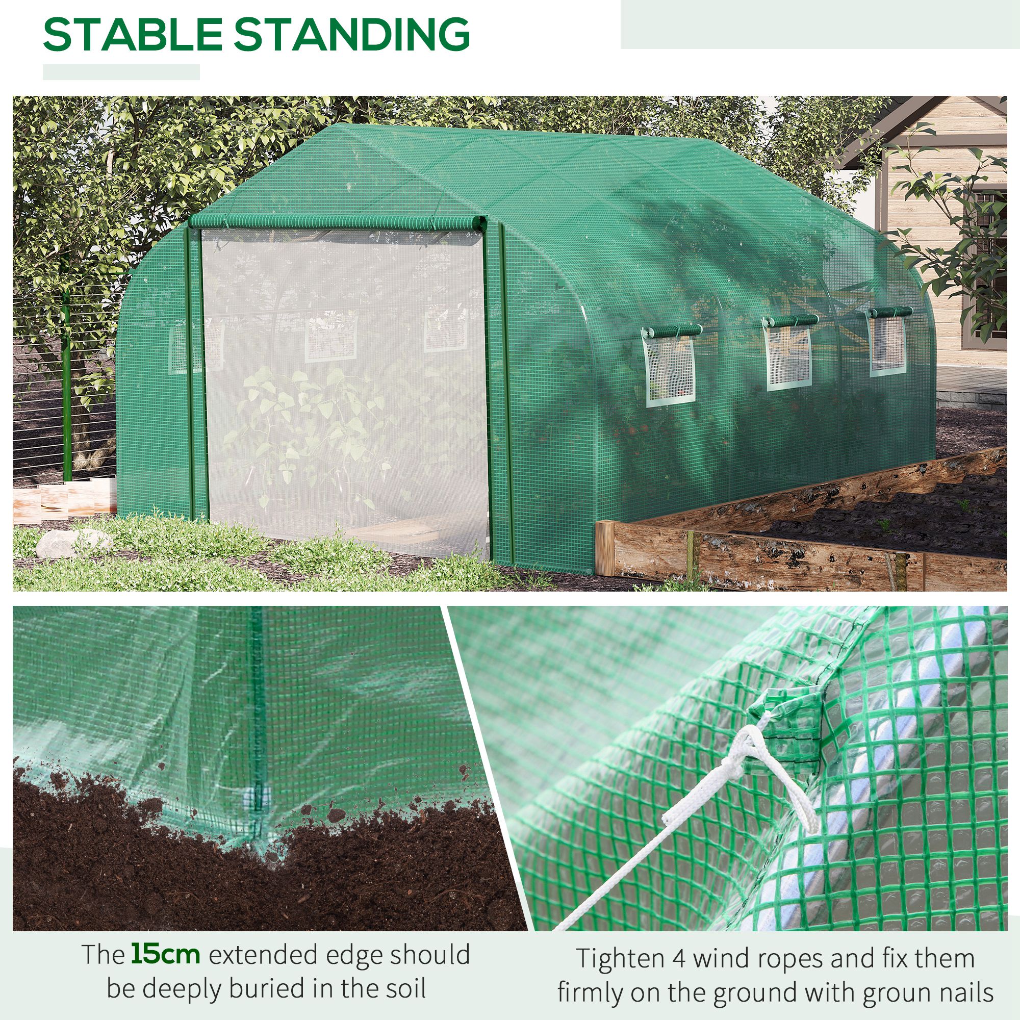 Outsunny Walk-in Polytunnel Garden Greenhouse, Outdoor Mesh Door Greenhouse with PE Cover and 6 Windows, 3.5 x 3 x 2m, Green 5