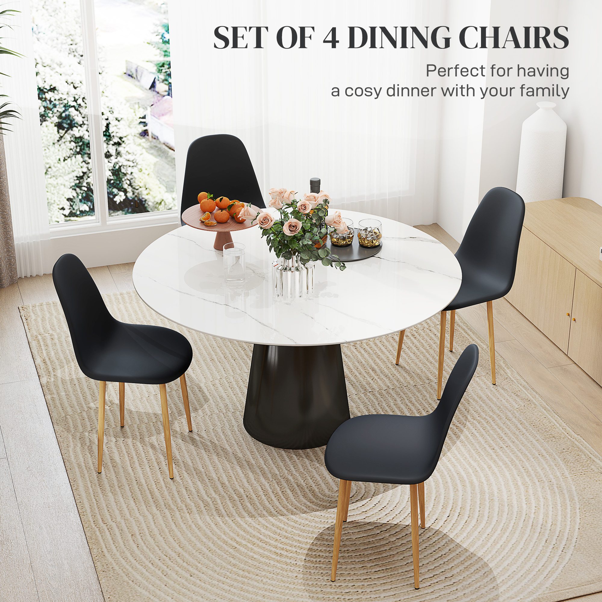 HOMCOM Modern Dining Chairs Set of 4, Kitchen Chairs with Backrest and Steel Legs for Dining Room, Living Room, Black 4