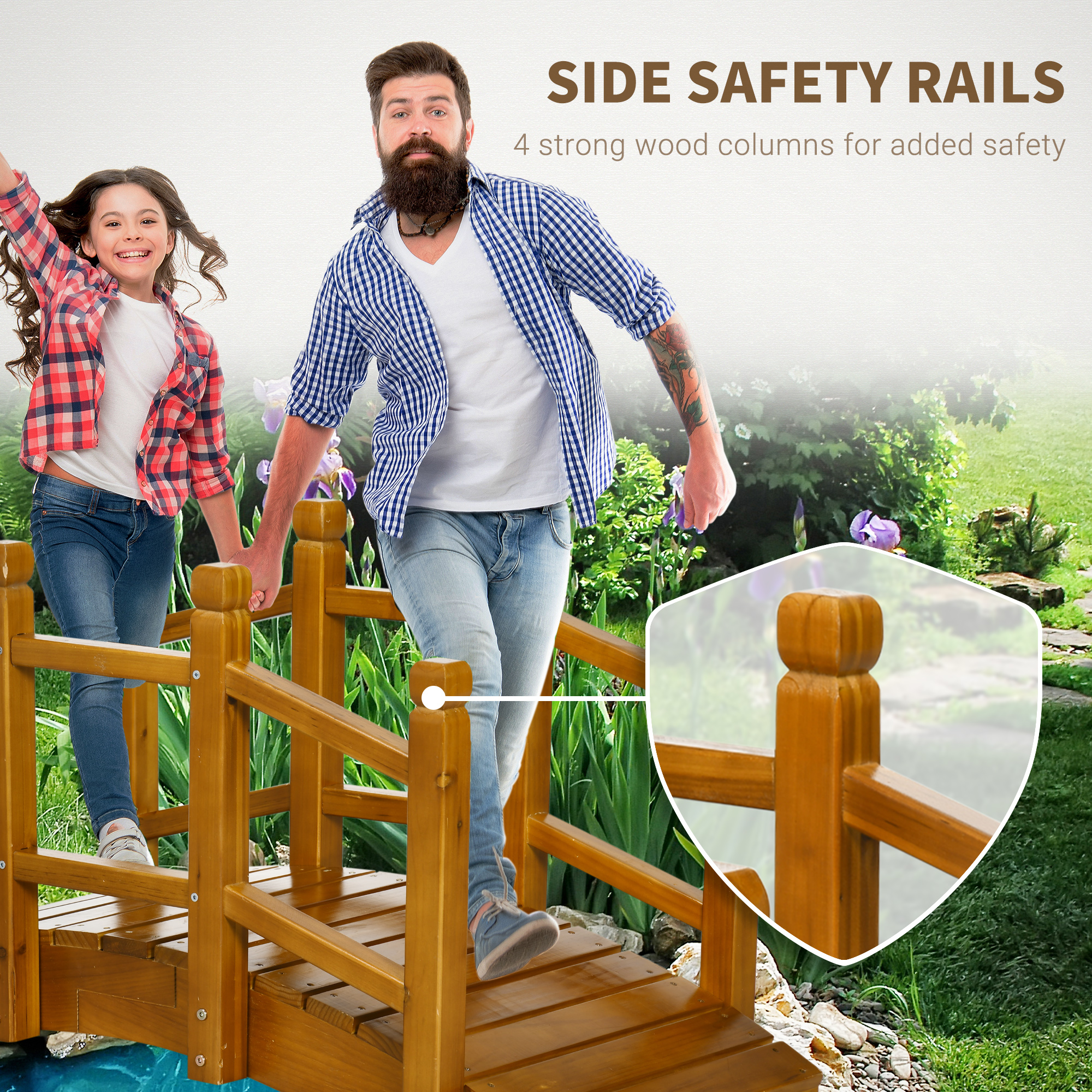 Outsunny Wooden Garden Bridge with Safety Railings, Arc Footbridge for Pond Backyard Stream, Brown 5