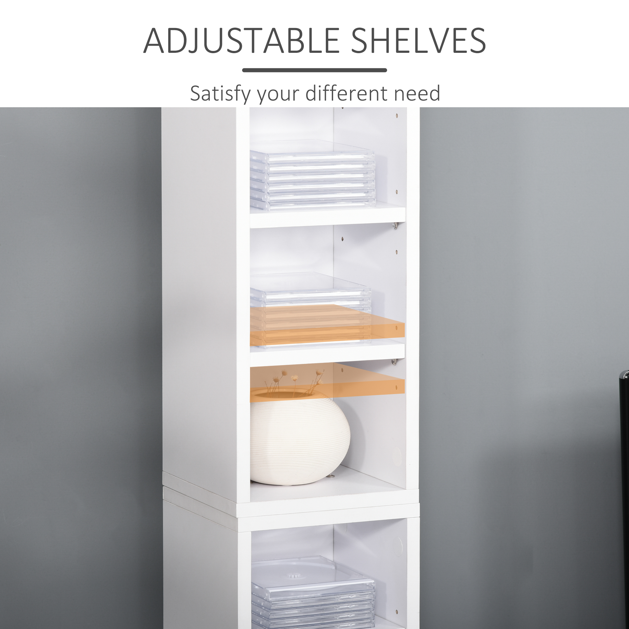 HOMCOM 204 CD Media Display Shelf Unit Set of 2 Blu-Ray Tower Rack w/ Adjustable Shelves Bookcase Storage Organiser, White 6
