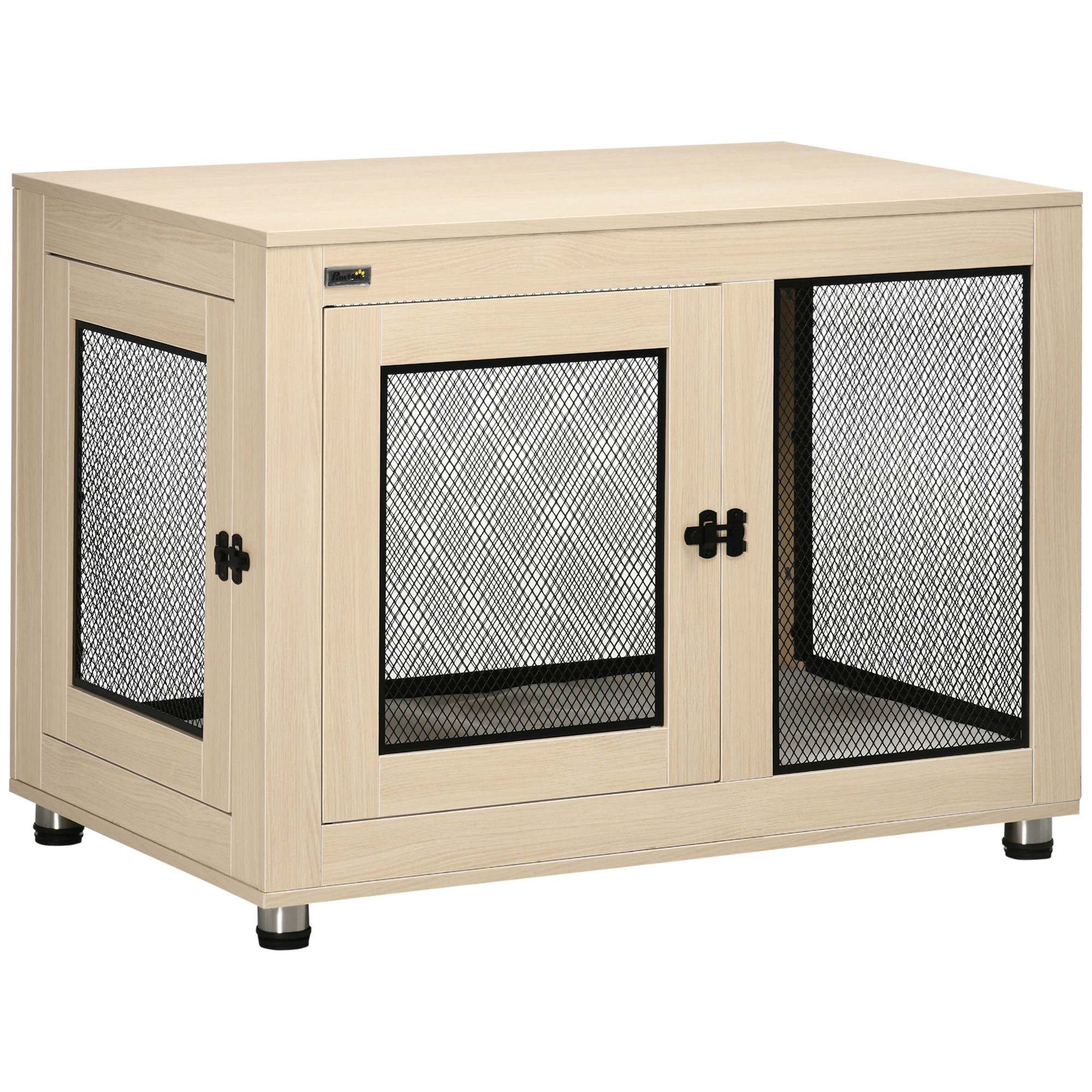 PawHut Jaula para Perros Grandes de Interior Mesa Auxiliar con 2 Puertas con Pestillo y Cojín 94x60x71,5 cm Roble