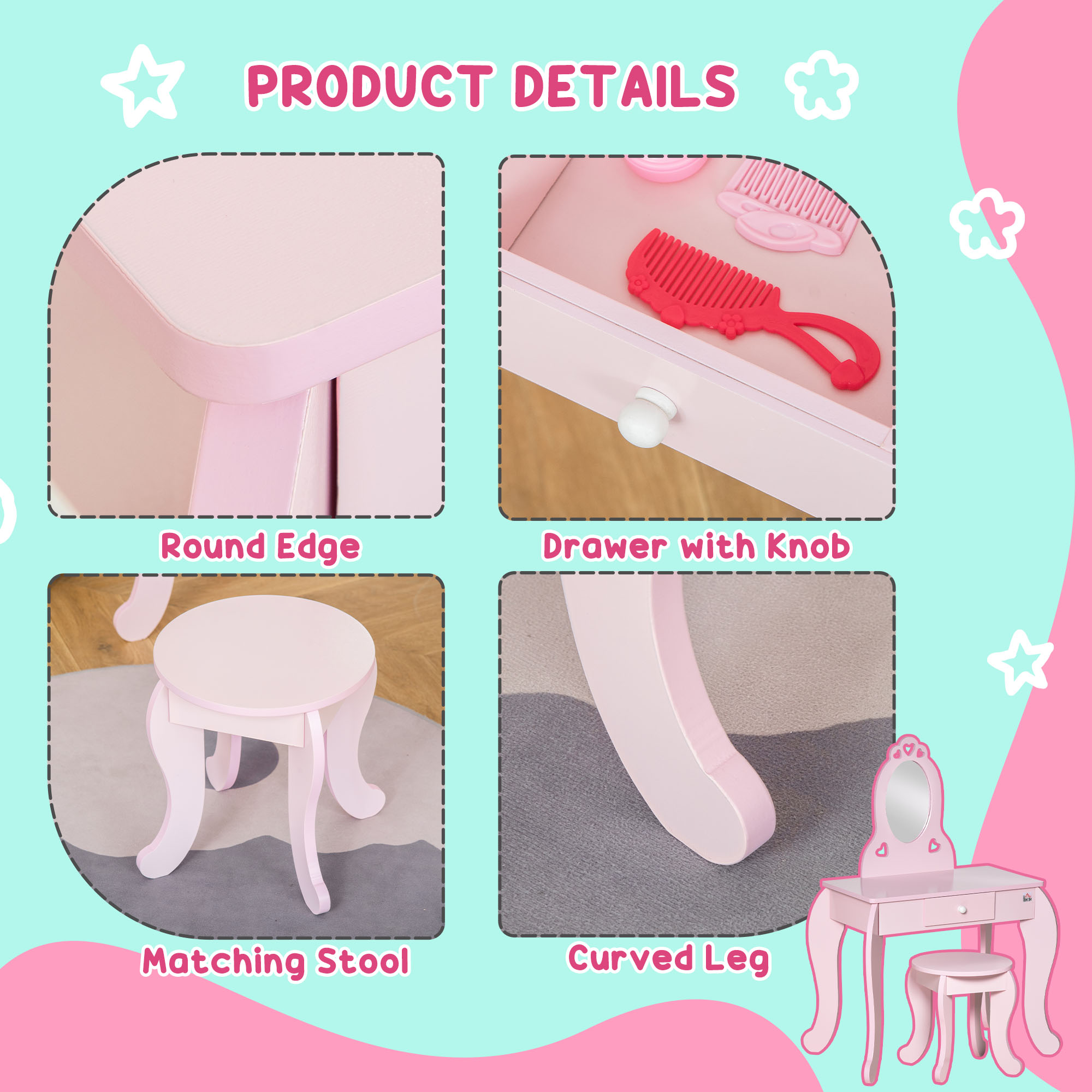 HOMCOM Kids Vanity Table & Stool Girls Dressing Set Make Up Desk Chair Dresser Play Set with Mirror Pink 6