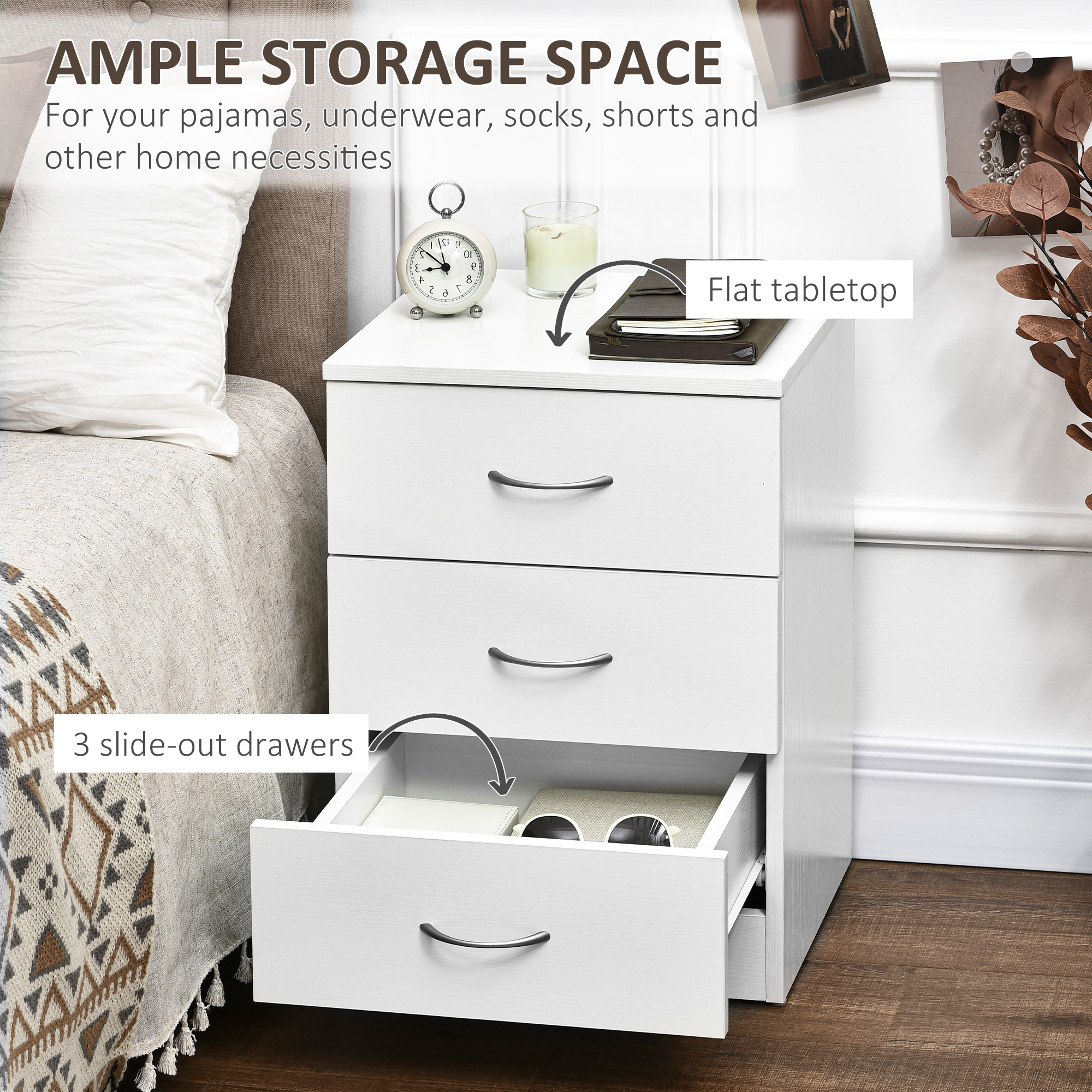 HOMCOM Three-Drawer Simple Bedside Table White 4