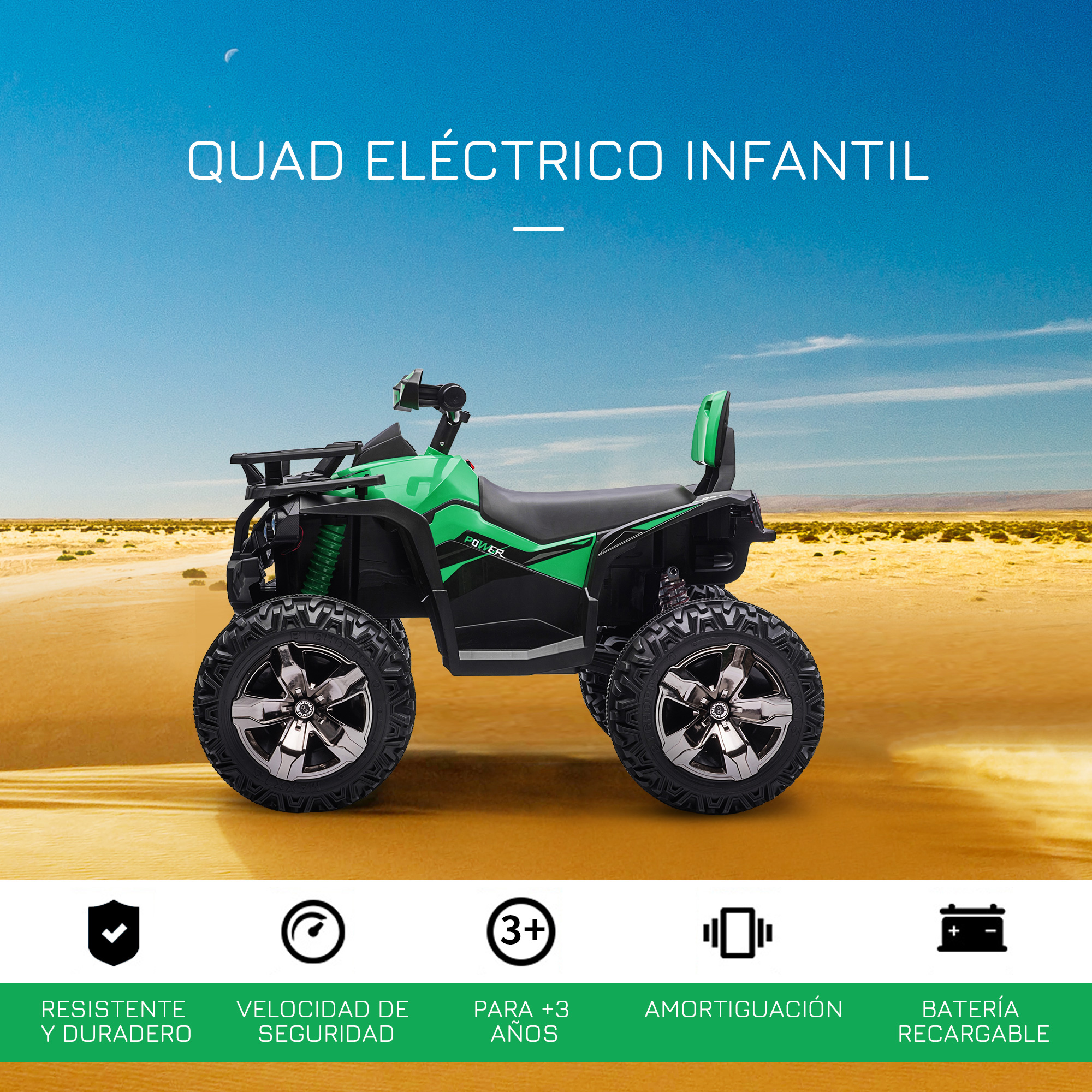 Quad Eléctrico HOMCOM De 12V Con Dos Motores, Faros LED, Música Y Suspensión, Para Niños De 3 A 8 Años, Velocidad 3-8 Km/h, Autonomía 45 Min