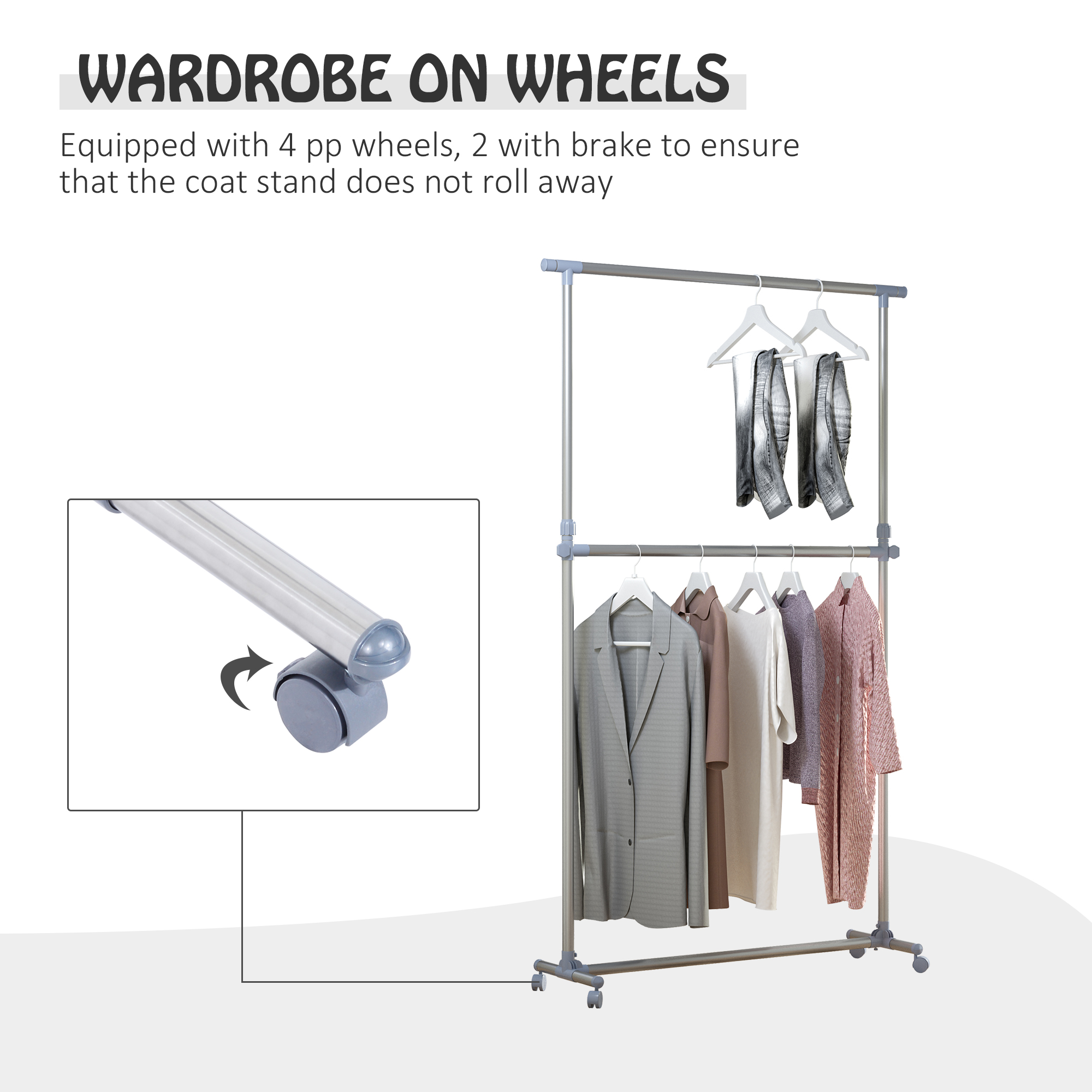 HOMCOM Heavy Duty Clothes Hanger Garment Rail Hanging Display Stand Rack w/ Wheels Adjustable 6