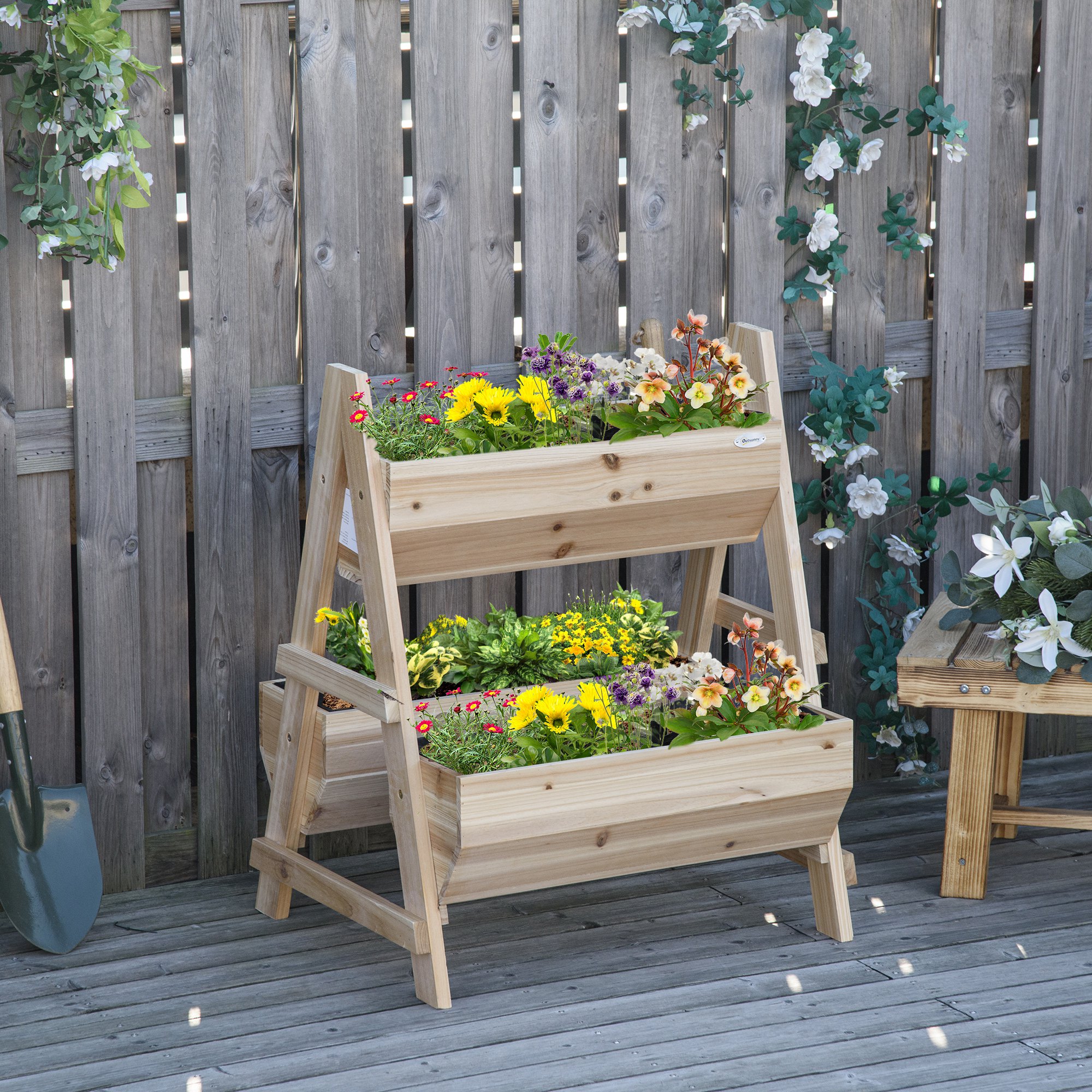 Outsunny 68cm x 57.5cm x 80.5cm 51L Wood Raised Garden Bed, Outdoor Planter Box with Stand, Nonwoven Fabric for Vegetables, Herbs, Flowers, Natural 7