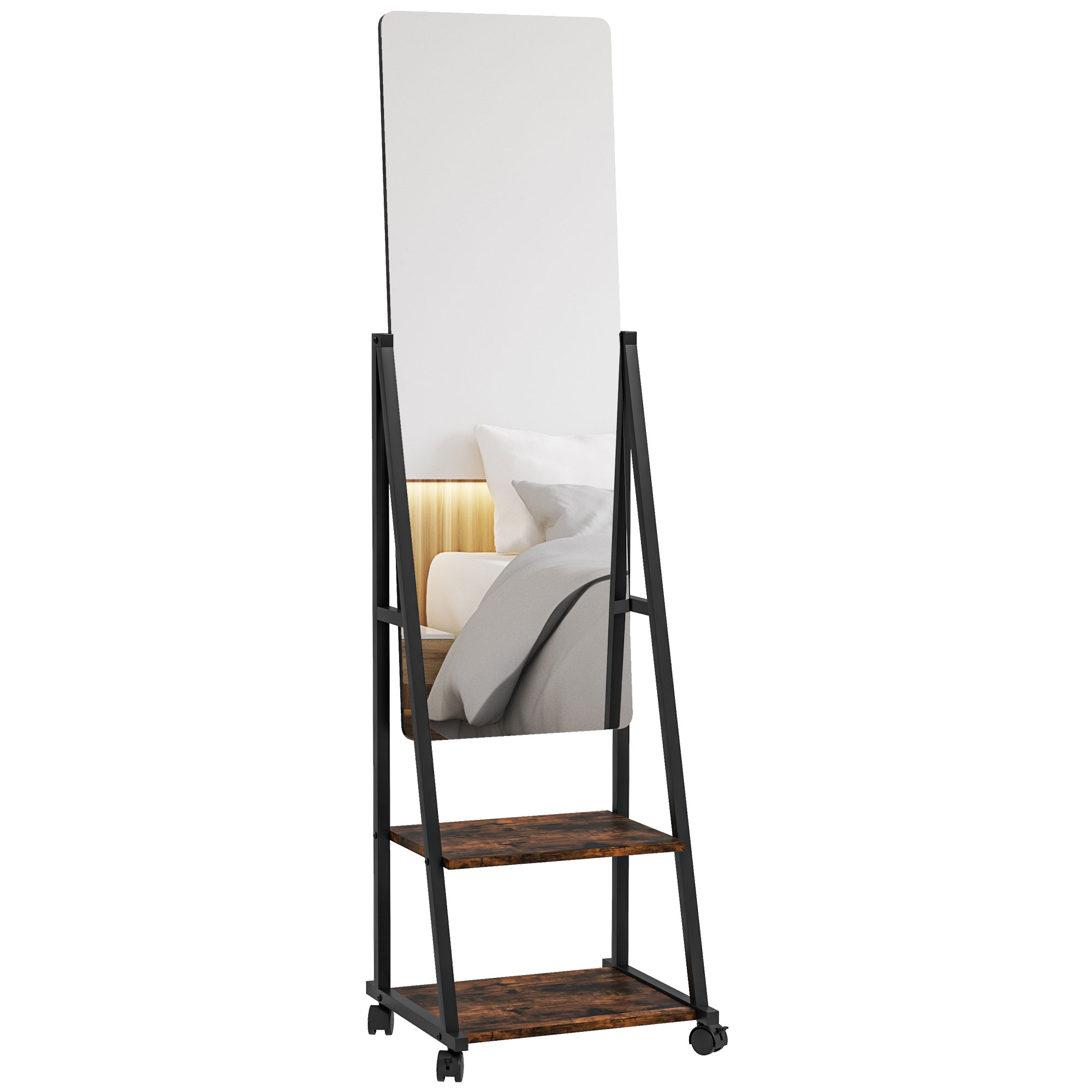 HOMCOM Miroir sur pied rectangulaire miroir de sol roulant avec angle réglable 2 étagères 4 roulettes noir et brun rustique