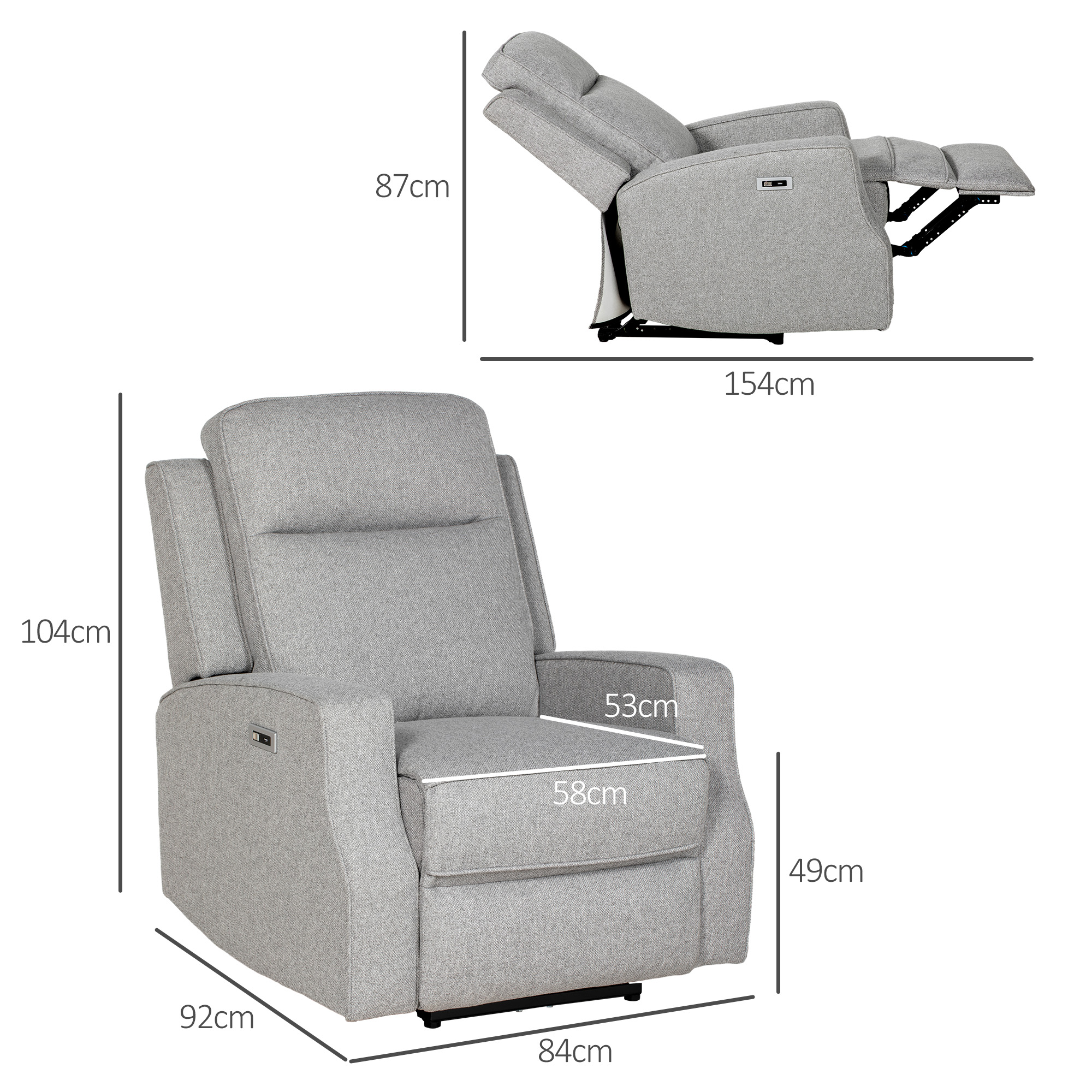 HOMCOM 150° Electric Reclining Chair, with USB port and Footrest Grey 3