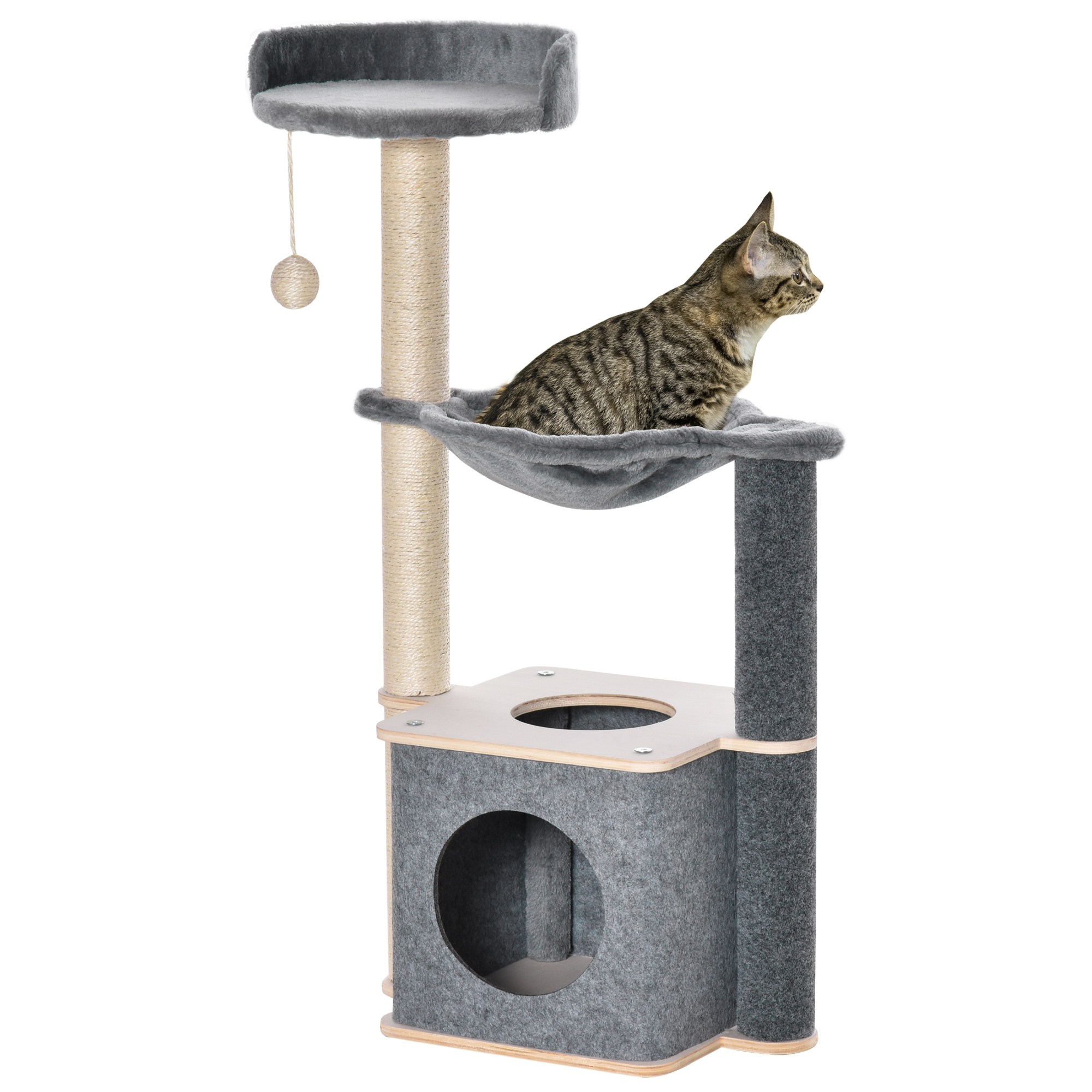 PawHut Cat Tower, 95cm Climbing Kitten Activity Centre with Sisal Scratching Posts, Perch, Spacious Condo, and Hammock, Grey Aosom UK