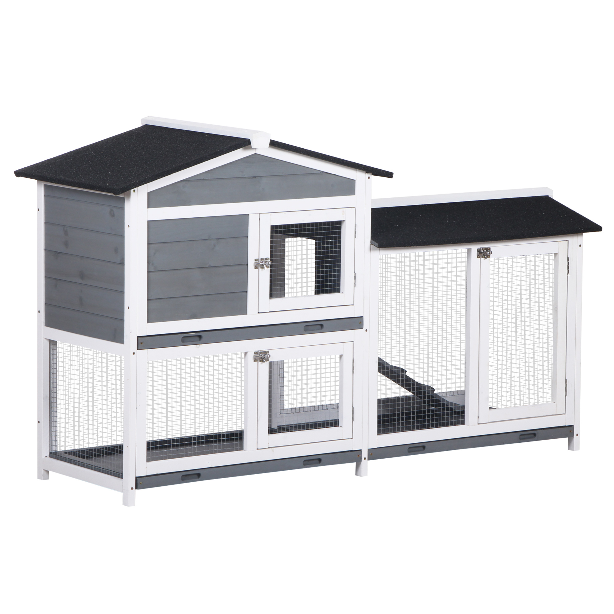 PawHut Rabbit Hutch Guinea Pig Hutch Wooden House with Run, 2 Tier Pet Cage Outdoor with No-leak Plastic Trays, 157.4 x 53 x 93.5cm, Yellow