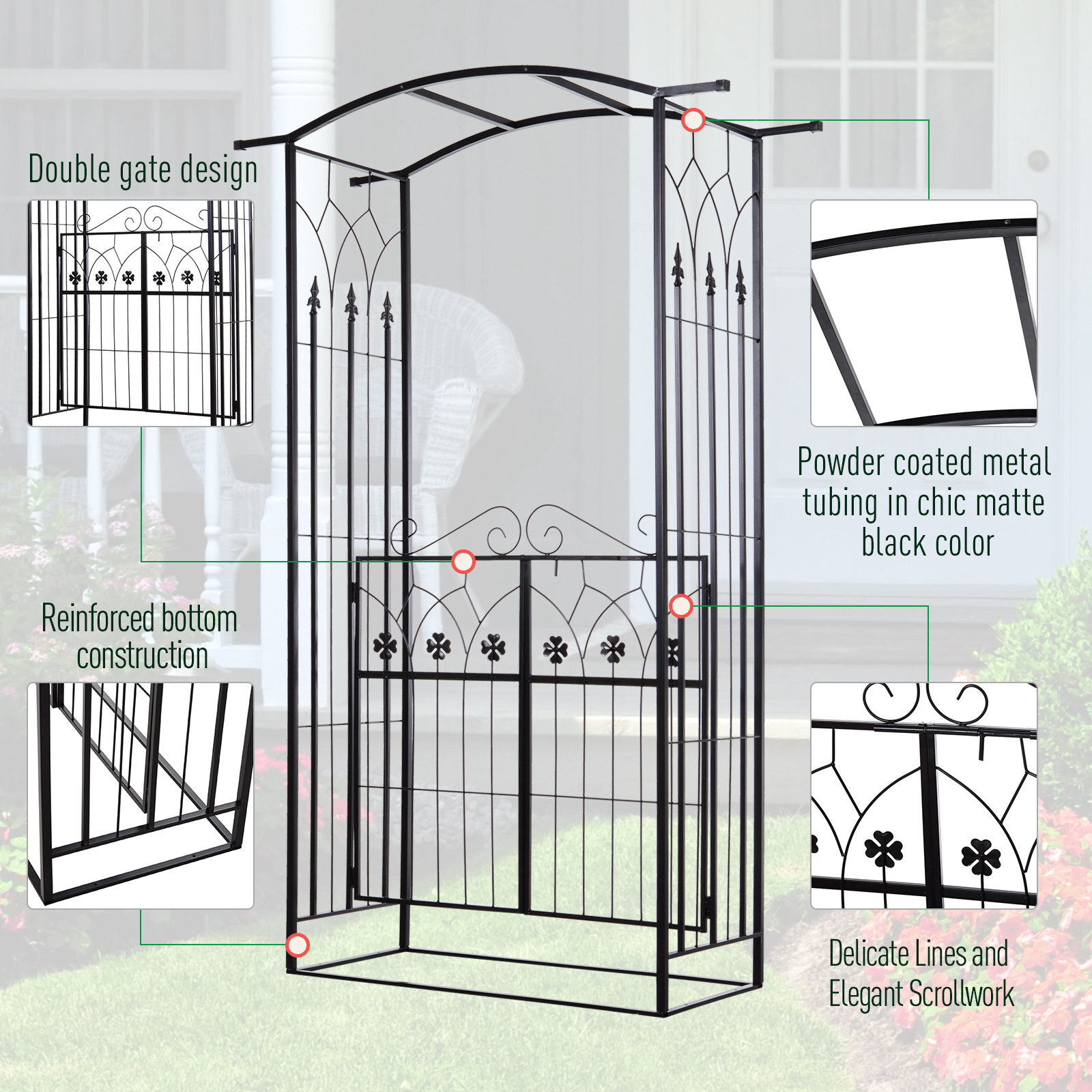 Outsunny Garden Outdoor Entrance Arch with Door Outdoor Patio Decoration for Rose Trellis Arbour Climbing Plant 131L x 49W x 200Hcm 6