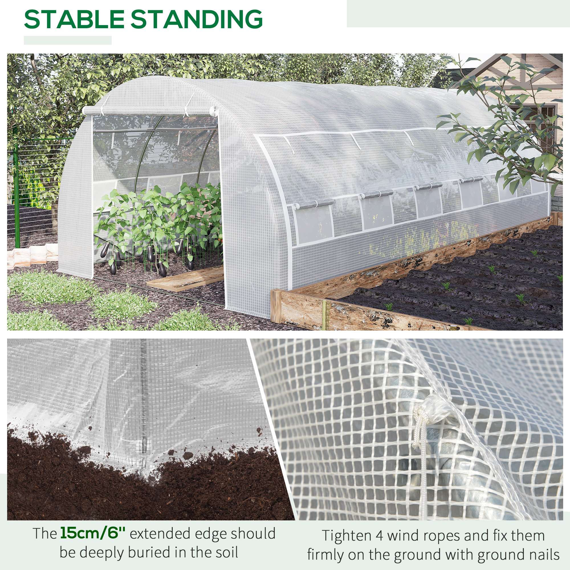 Outsunny 6 x 3 x 2 m Polytunnel Greenhouse with Roll-up Side Walls, Walk-in Grow House Tent with Steel Frame, Reinforced Cover, Zipped Door and 12 Mesh Windows for Garden, White 6
