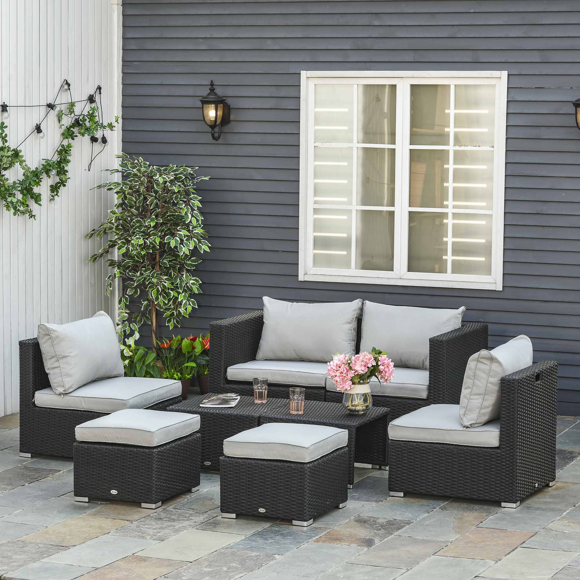 Outsunny 8 Pieces PE Rattan Sofa Set with Cushions, Garden Corner Sofa with 4 Seater Sofa, 2 Footstools and 2 Coffee Table Set, Space-saving Design, No Assembly Required, Black 2