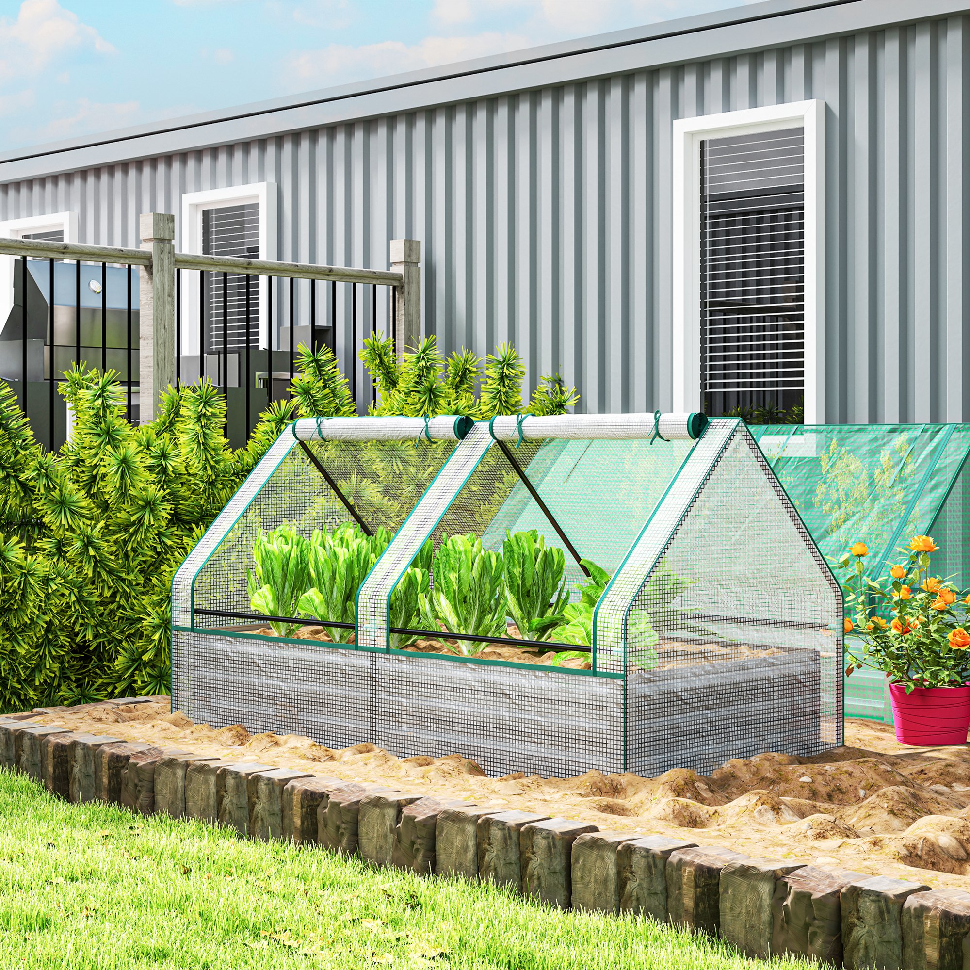 Outsunny Metal Planter Box with Cover, Raised Garden Bed with Greenhouse, for Herbs and Vegetables, White and Dark Grey 2