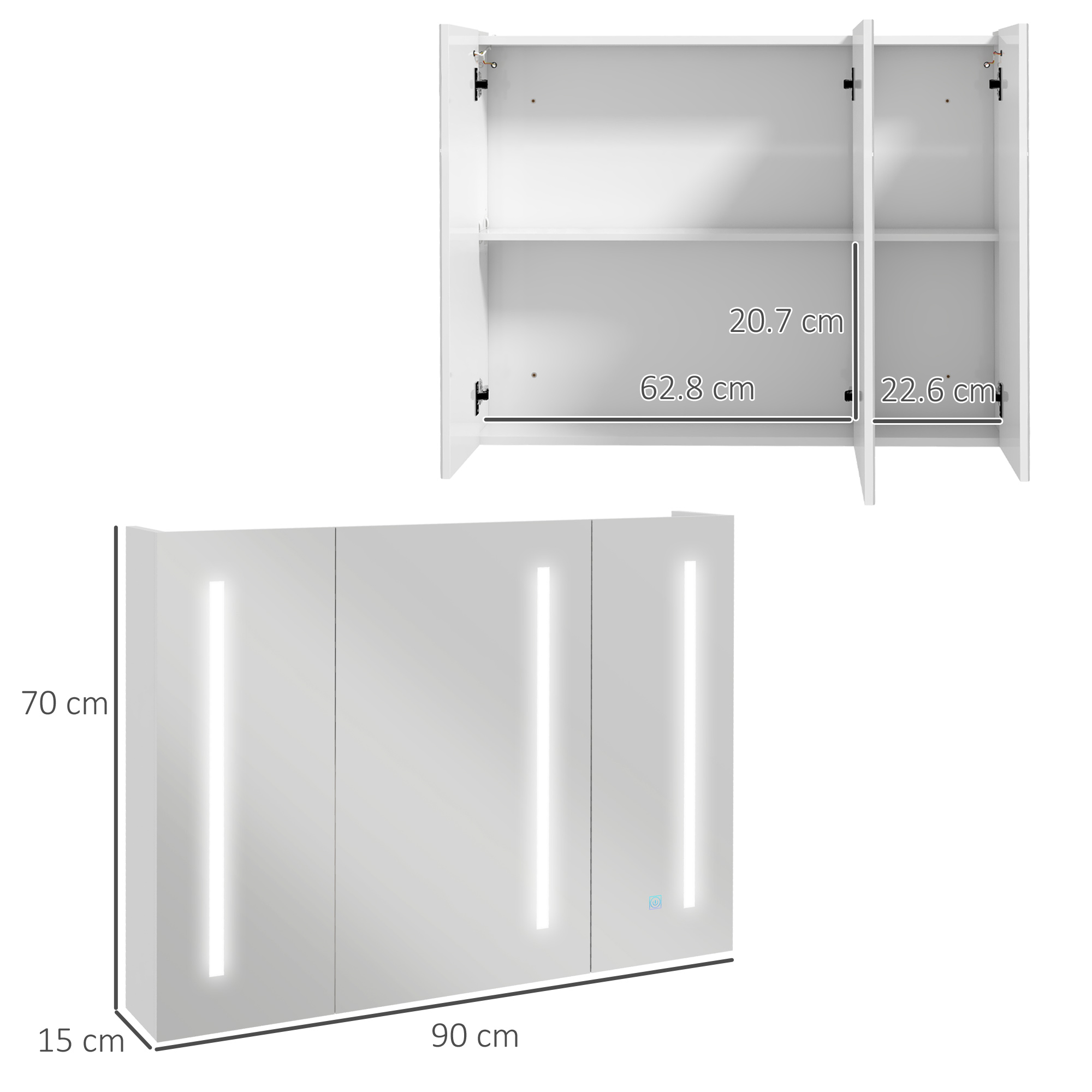 kleankin Bathroom Mirror Cabinet with Light, Bathroom Storage Cupboard with USB Charge, Adjustable Shelf, 90x15x70cm, White 3