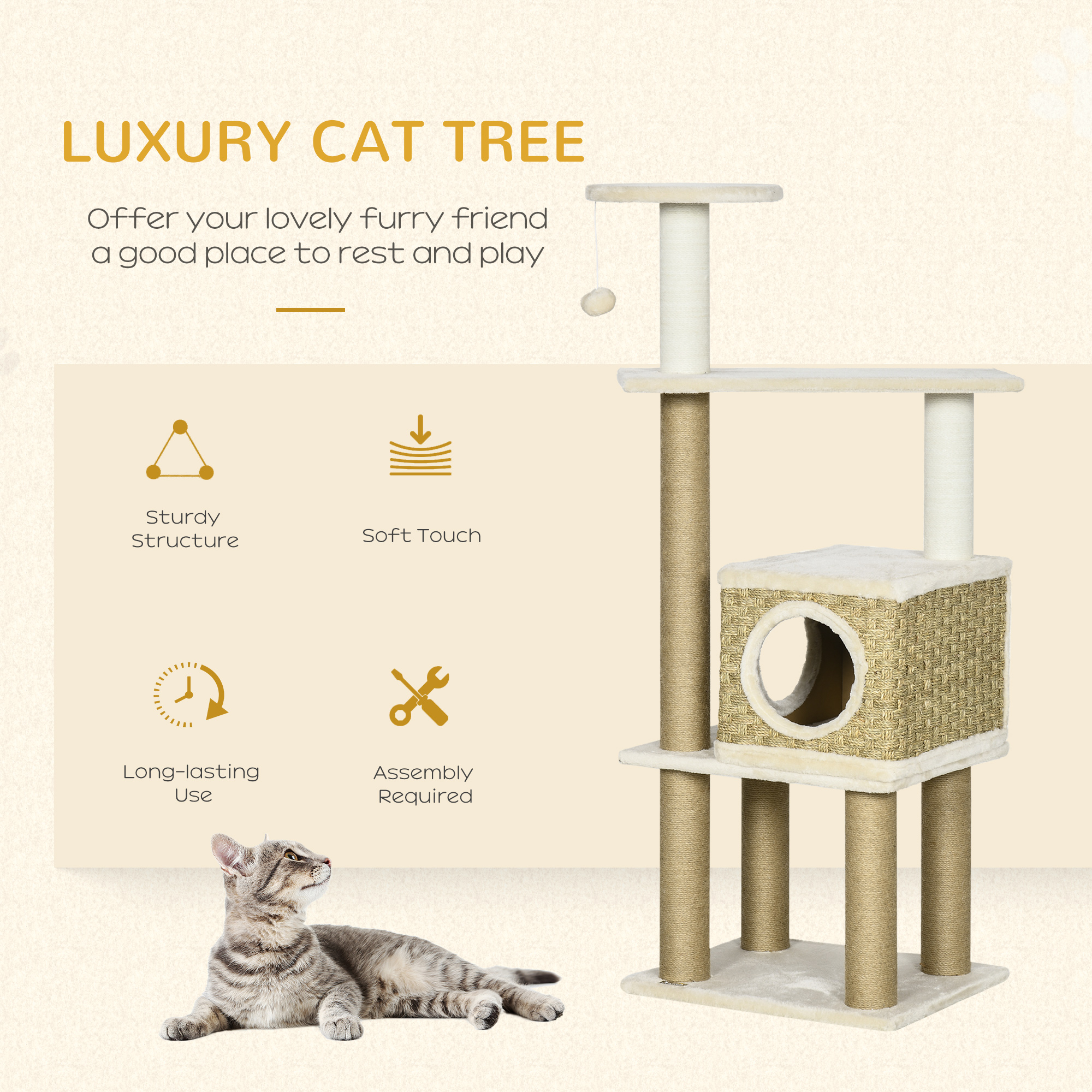 PawHut Cat Tree, with Scratching Post, Cat House & Hanging Toy Ball Beige 4
