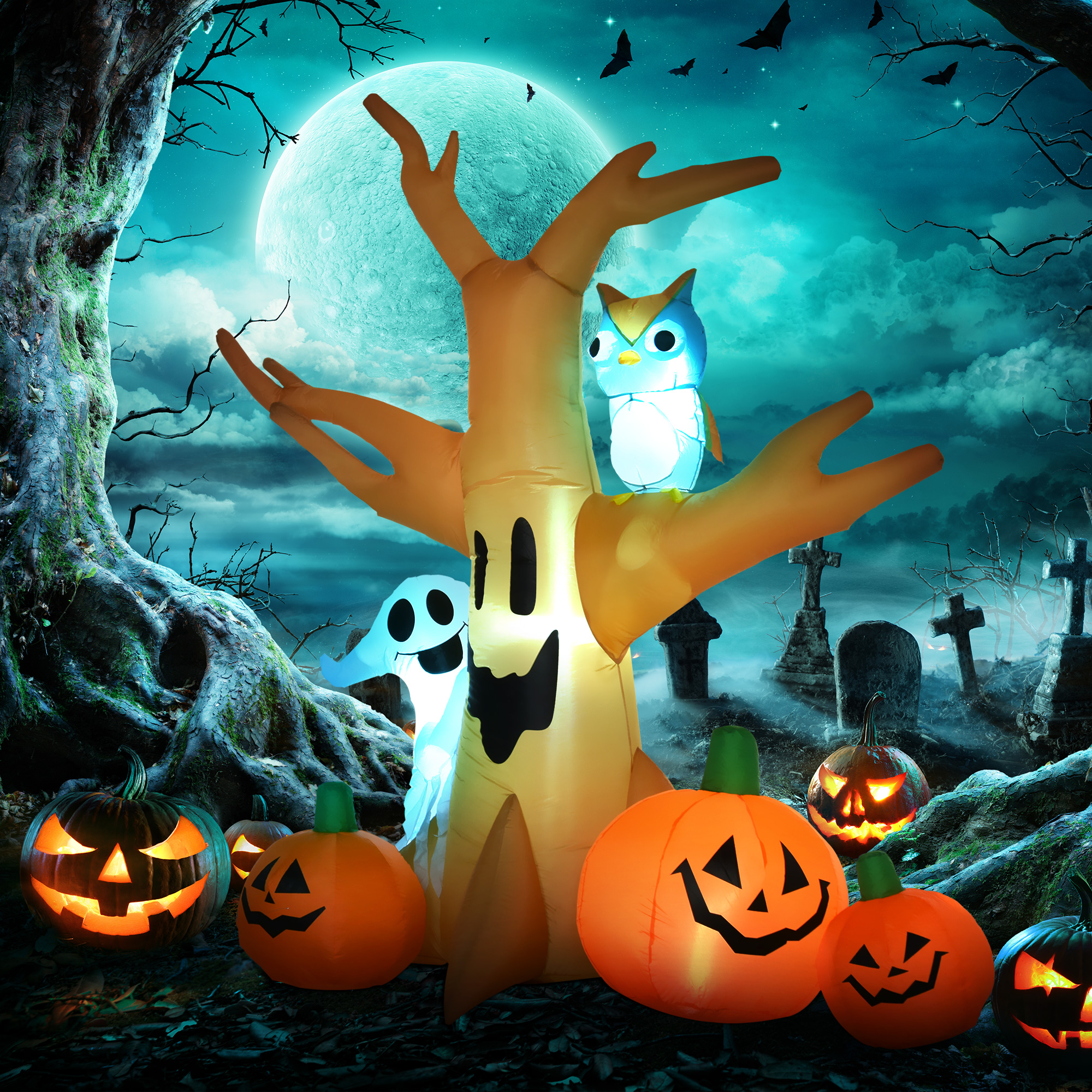 HOMCOM 240cm Large Halloween Scary Lighting Inflatable Tree Ghost 3 Pumpkins Owl 4 LED Indoor Outdoor Holiday Decoration 2