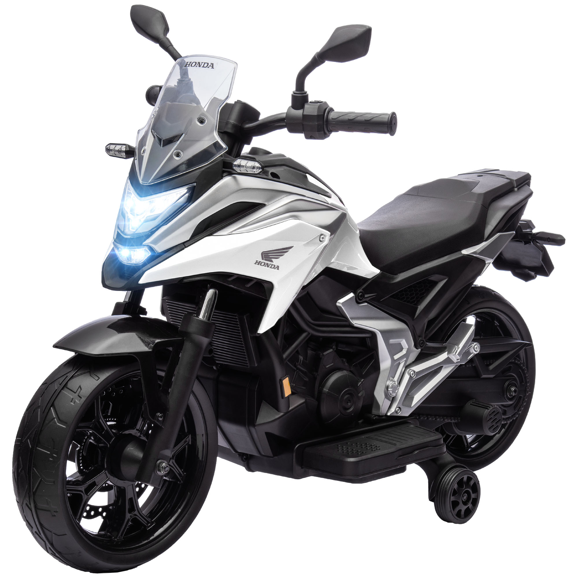 AIYAPLAY Kinder Elektro-Motorrad, 12V Kindermotorrad mit MP3, USB, LED-Scheinwerfer, Kinderfahrzeug mit Frühpädagogischen Funktionen, Trainingsrädern, 3km/h, für 3-6 Jahre, Weiß Aosom