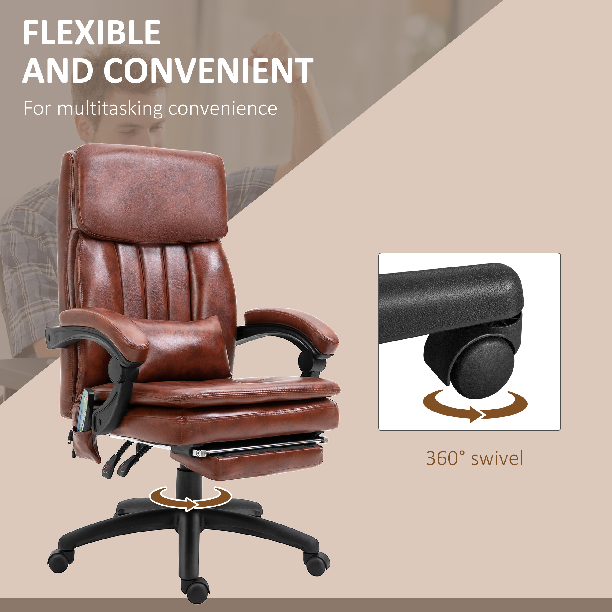 Vinsetto PU Leather Office Chair with 7 Point Vibrating Massage, Computer Desk Chair with Footrest, Adjustable Height, Reclining Back, Brown 7