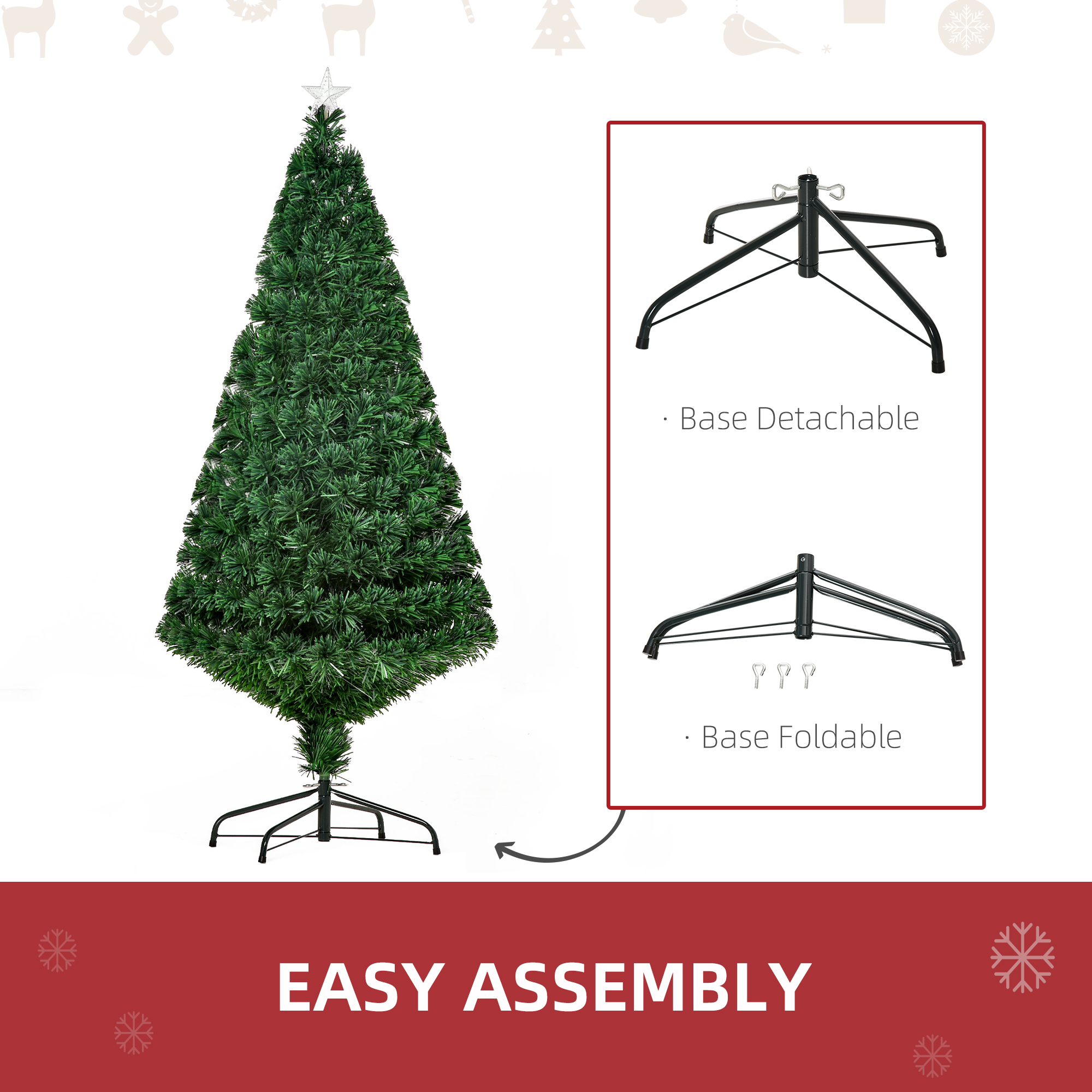 HOMCOM 5FT Pre-Lit Fibre Optic Artificial Christmas Tree Holiday Xmas Décor with Tree Topper Multi-Colour 6
