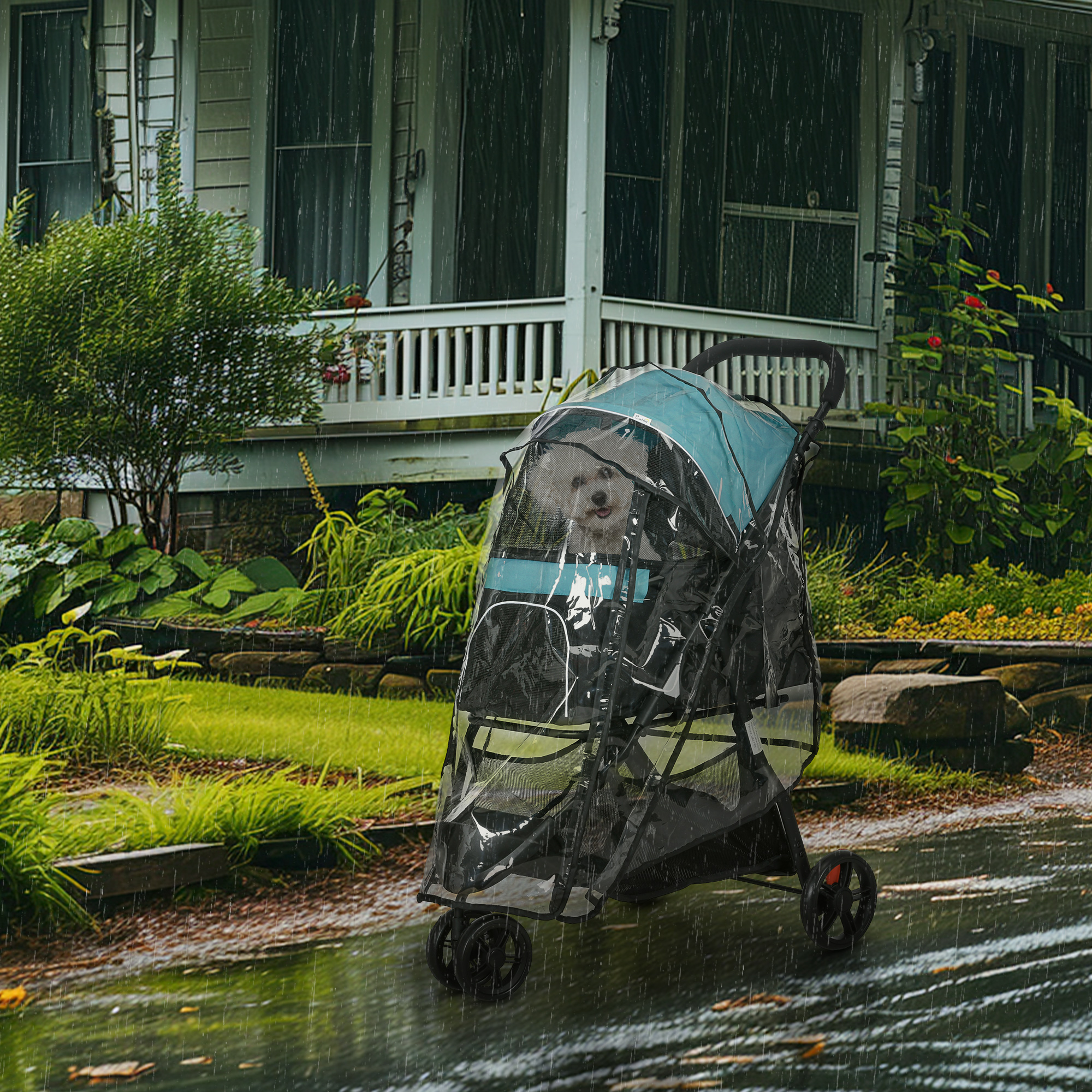 PawHut Foldable Pet Stroller w/ Rain Cover, for XS Dogs, S Dogs Dark Green 2