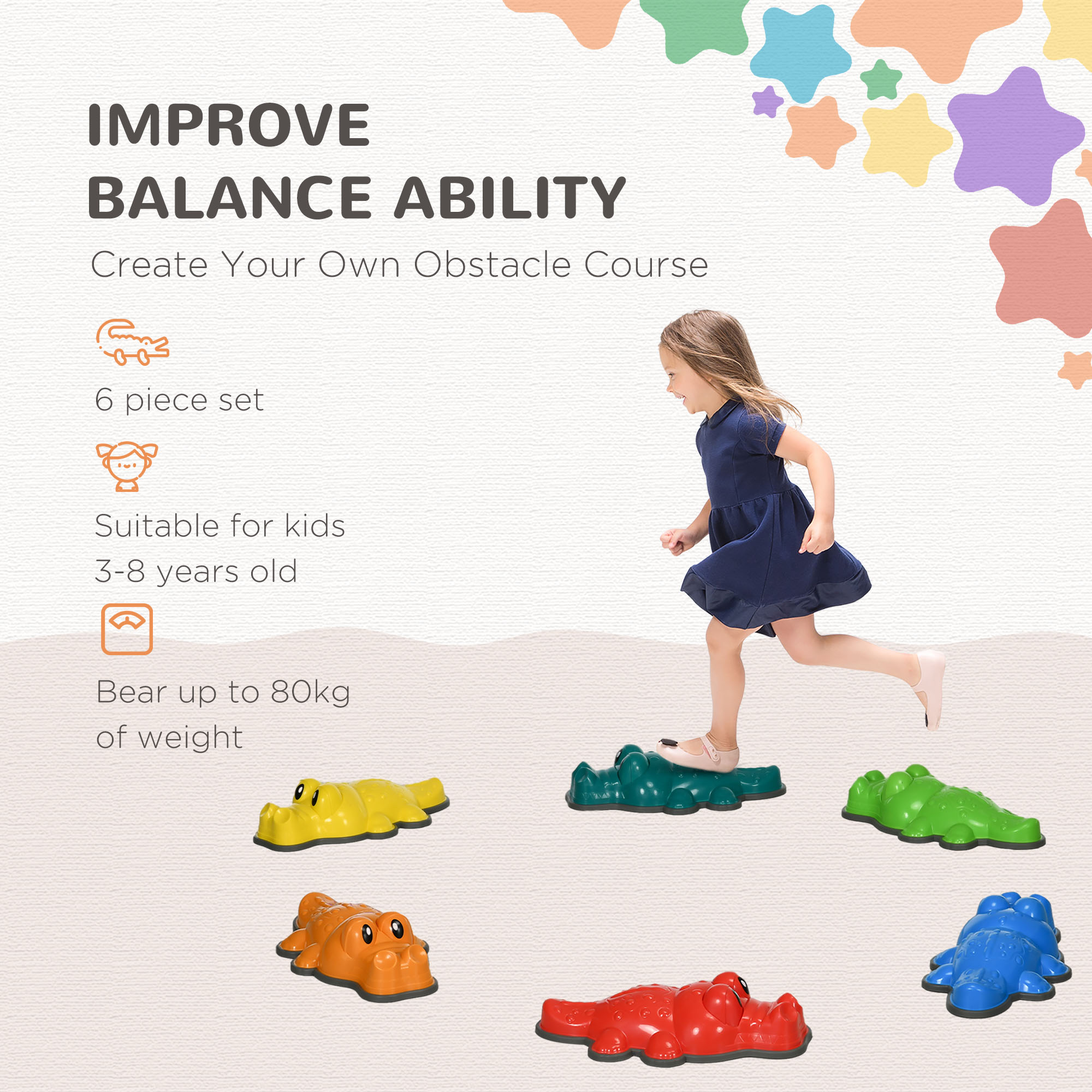 ZONEKIZ 6PCs Kids Stepping Stones, Crocodile-Designed Sensory Toys, with Anti-Slip Edge Balance River Stones 4