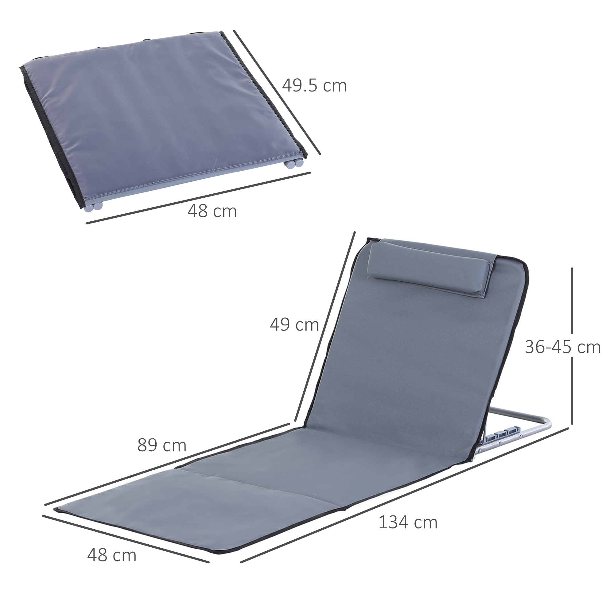 Outsunny Set of 2 Foldable Garden Beach Chair Mat Lightweight Outdoor Sun Lounger Seats Adjustable Back Metal Frame PE Fabric Head Pillow w/ Carry Bag,Grey 3