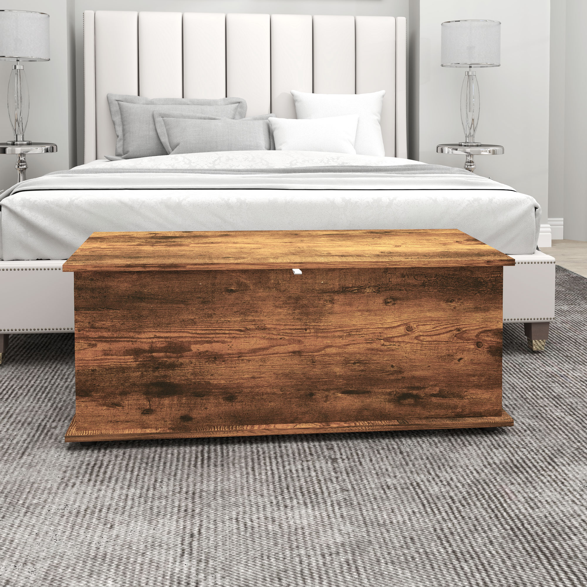 HOMCOM 113L Storage Chest, Storage Box with Flip-Top Lid and 2 Safety Hinges, Storage Trunk for Living Room, Entryway, 100 x 40 x 40 cm, Rustic Brown 7