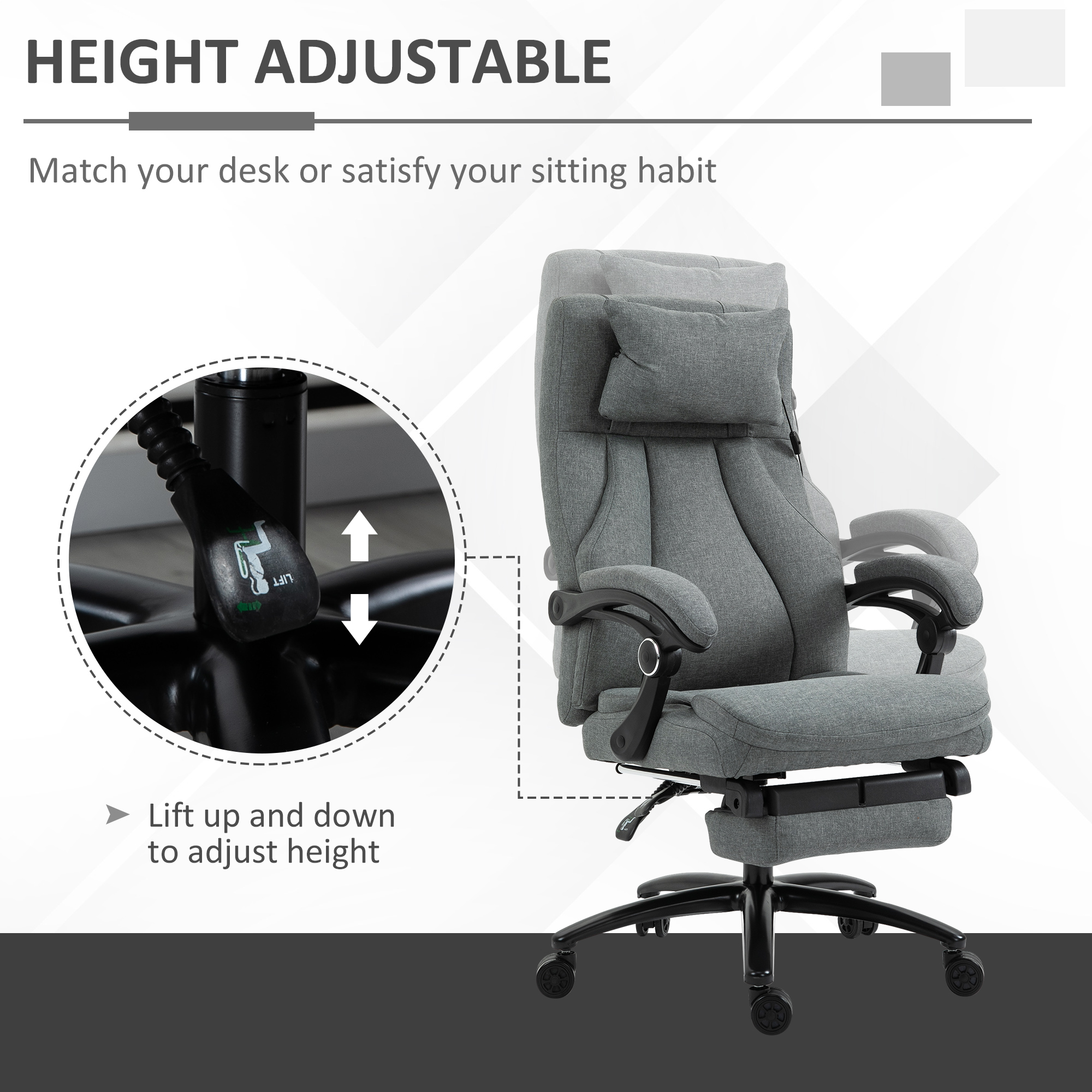 Vinsetto Office Chair, Fabric Desk Chair with Adjustable Massage Pillow, USB Power and Retractable Footrest, High Back, 360° Swivel, for Home, Grey 4
