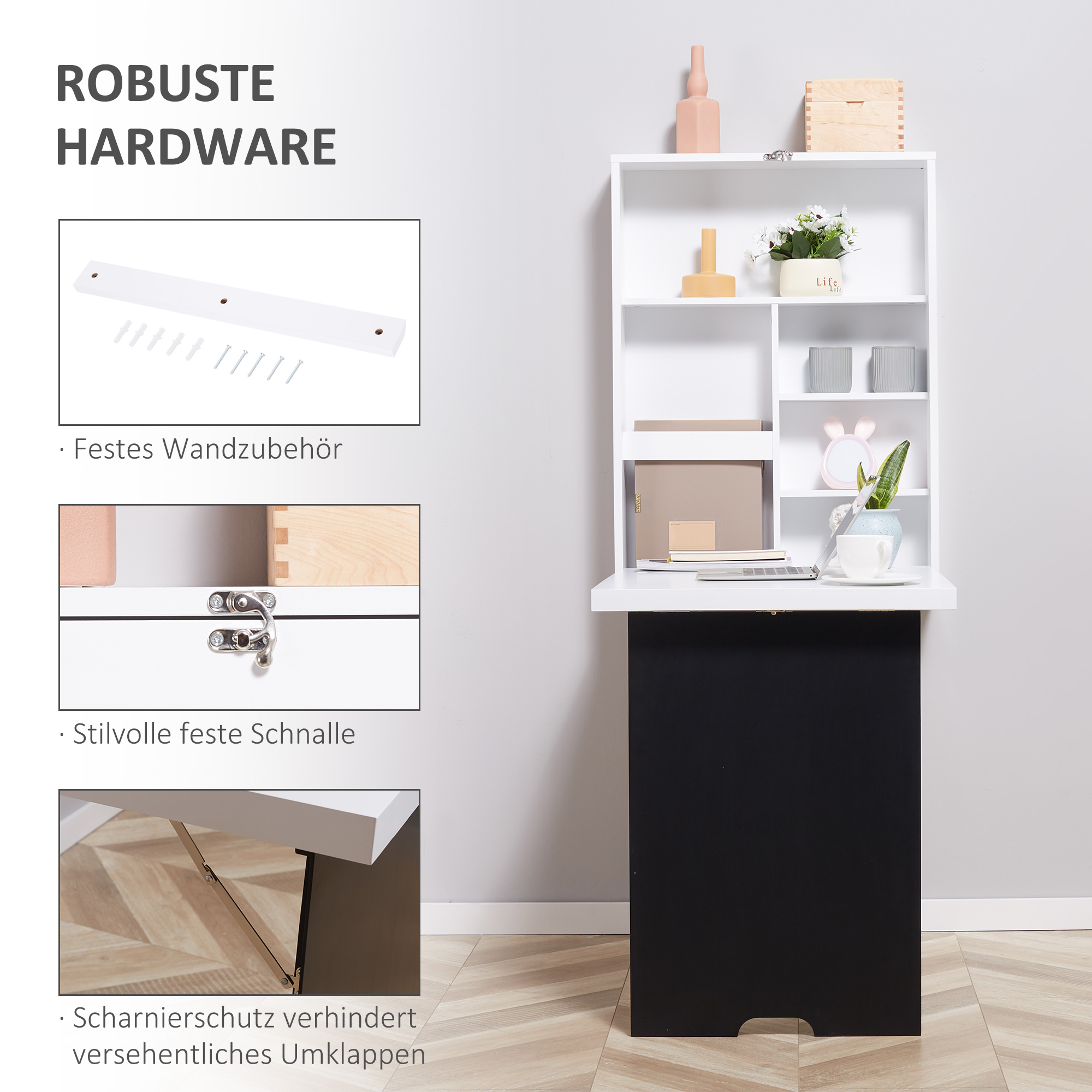 Seinale kinnitatav laud, kokkupandav lauaplaat, 5 sektsiooni, 60x94,5x147cm, must/valge