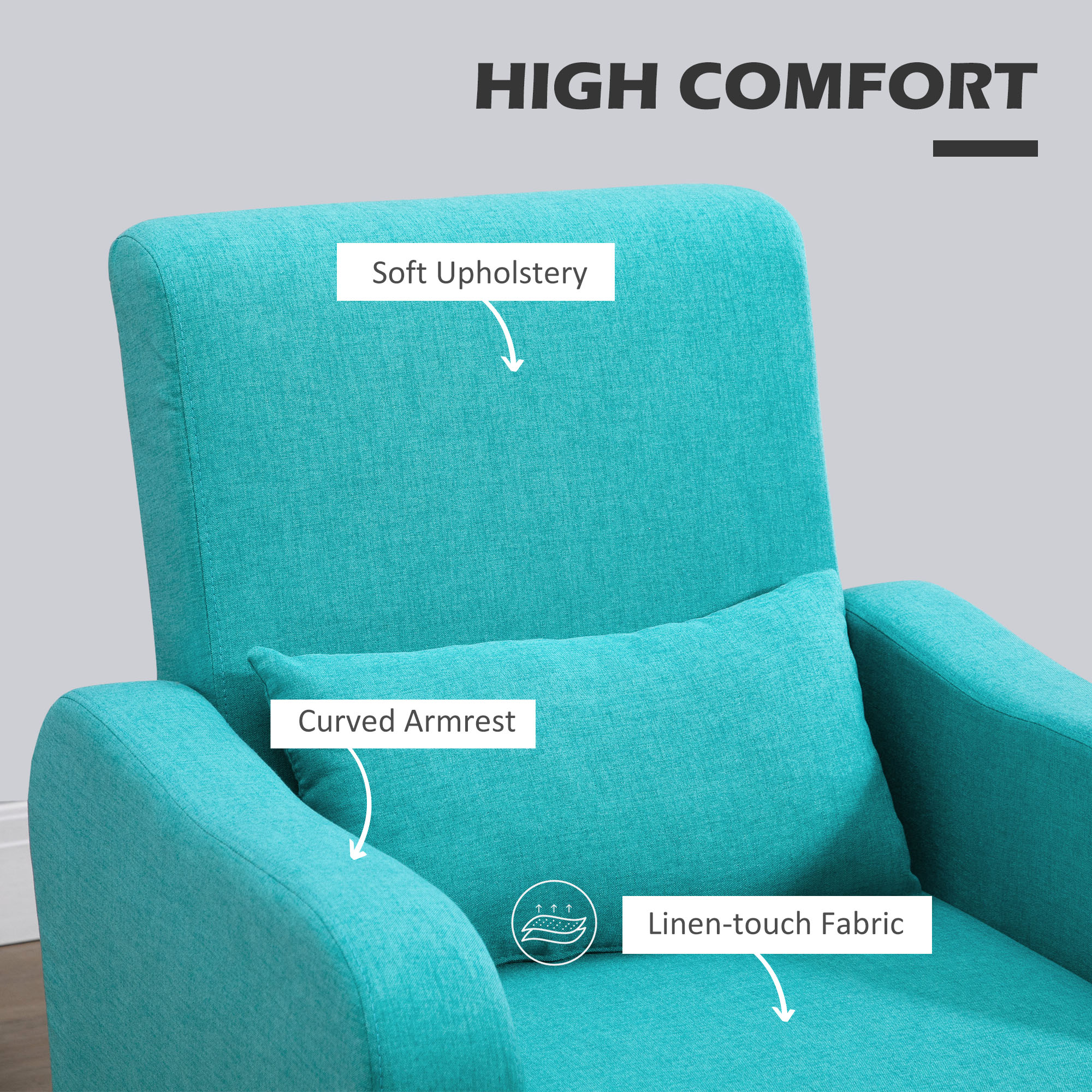 HOMCOM Accent Chair, Linen-Touch Armchair with Pillow, Upholstered Leisure Lounge Sofa for Living Room, Club Chair with Rubber Wooden Frame, Teal 4