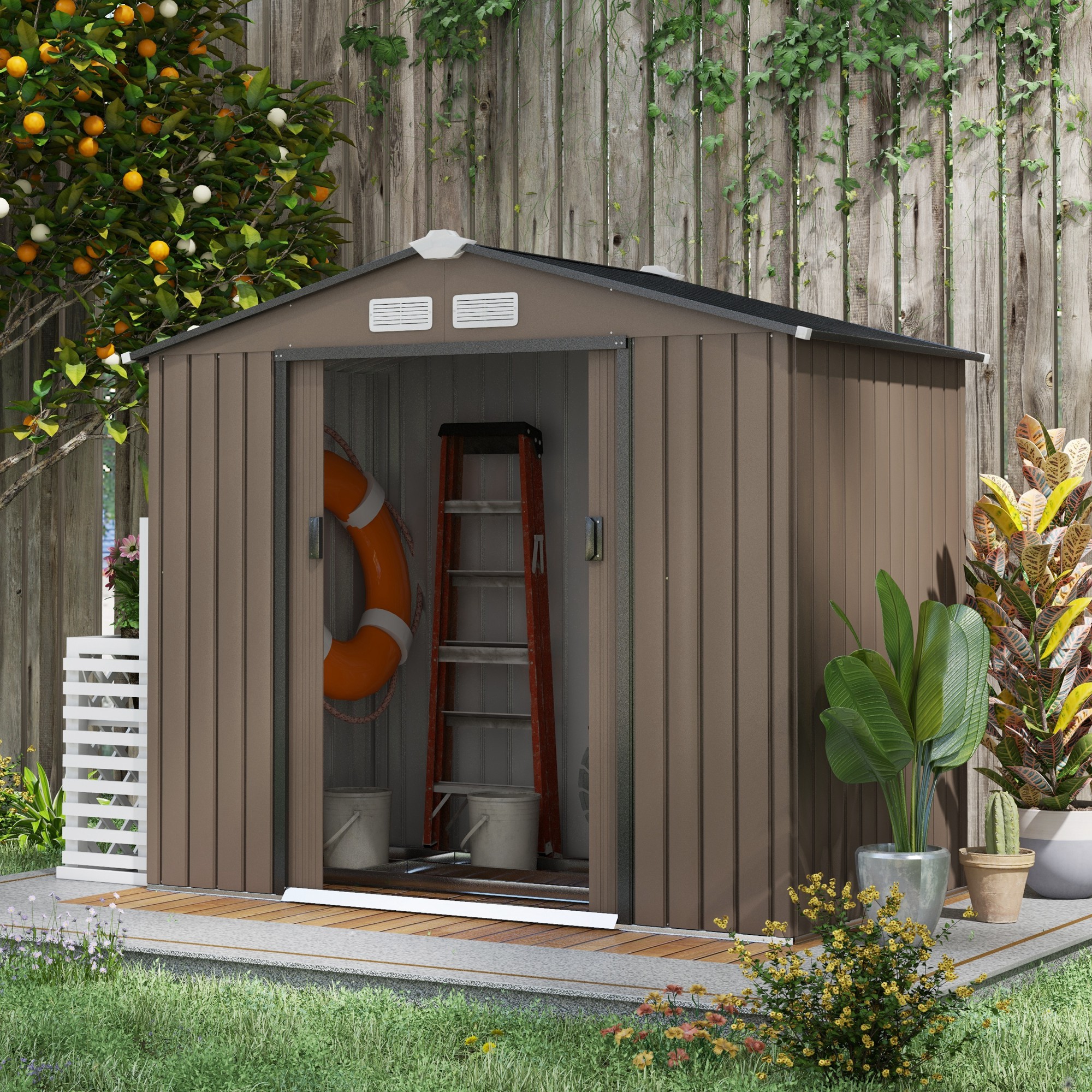 Outsunny 7 x 4ft Metal Garden Shed, Outdoor Storage Tool House with Ventilation Slots, Foundation Kit and Lockable Double Doors, Brown 2
