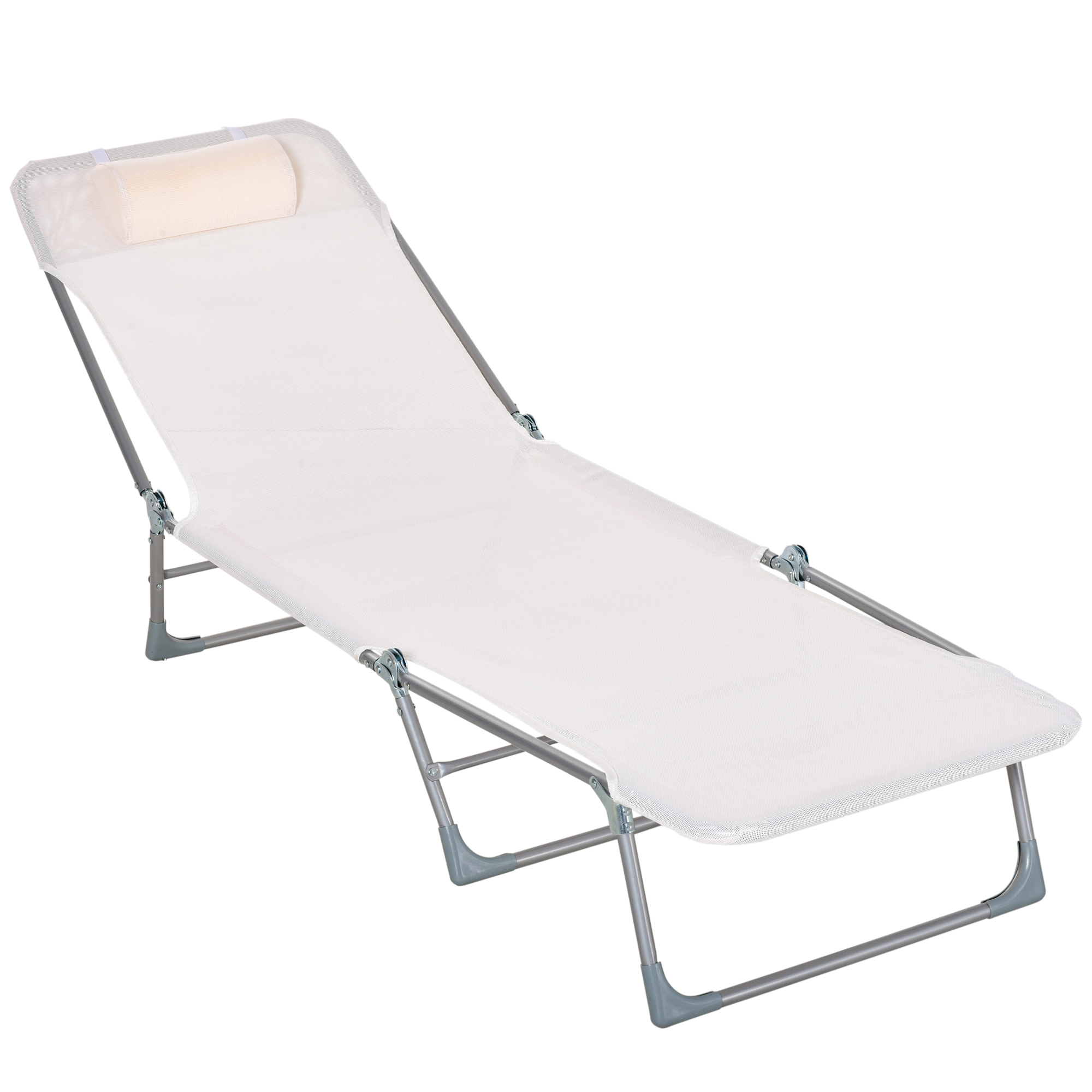 Outsunny Bain de soleil transat chaise longue inclinable pliable avec oreiller dossier réglable sur 5 niveaux crème