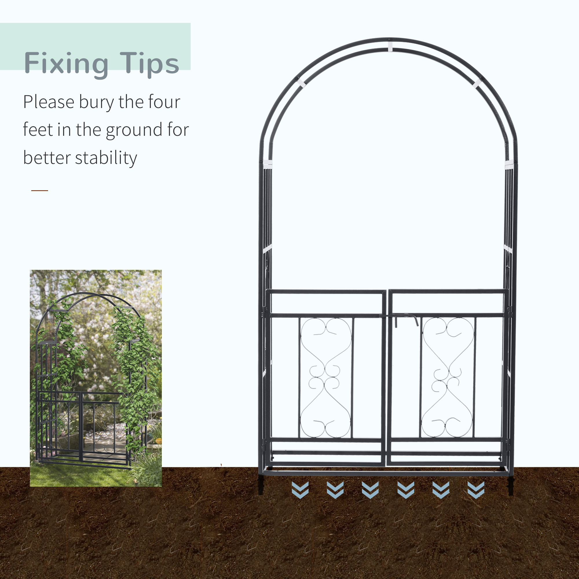 Outsunny Outdoor Garden Arch with Double Gates, Metal Garden Arbor for Climbing Plants, Roses, Vines, Wedding Arch for Outdoor, 114L x 50W x 206H cm, Dark Grey 5