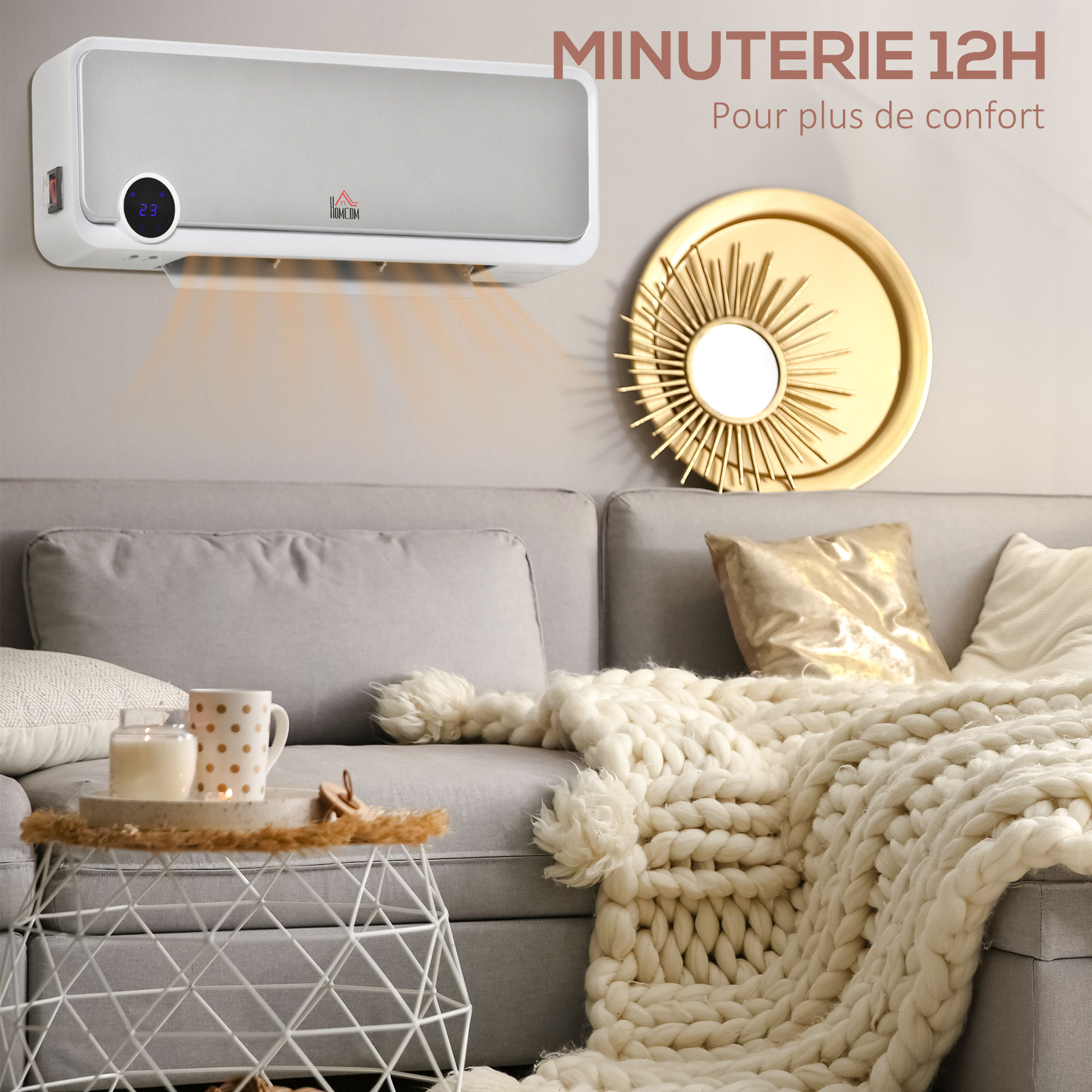Chauffage Mural Céramique HOMCOM 1000/2000W - Thermostat, Programmable, Oscillation, Télécommande, Blanc