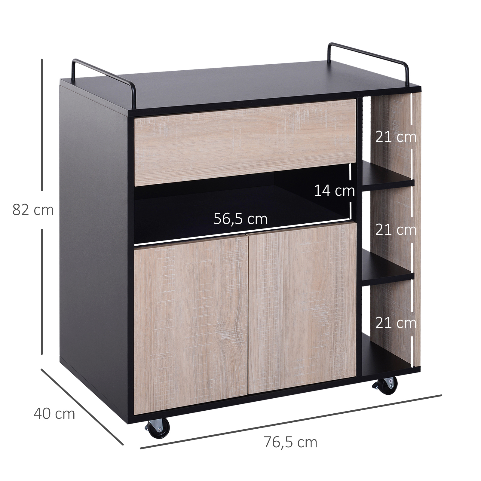 Meuble de cuisine de 140 cm avec chariot à roulettes, armoire haute avec éclairage LED, meuble