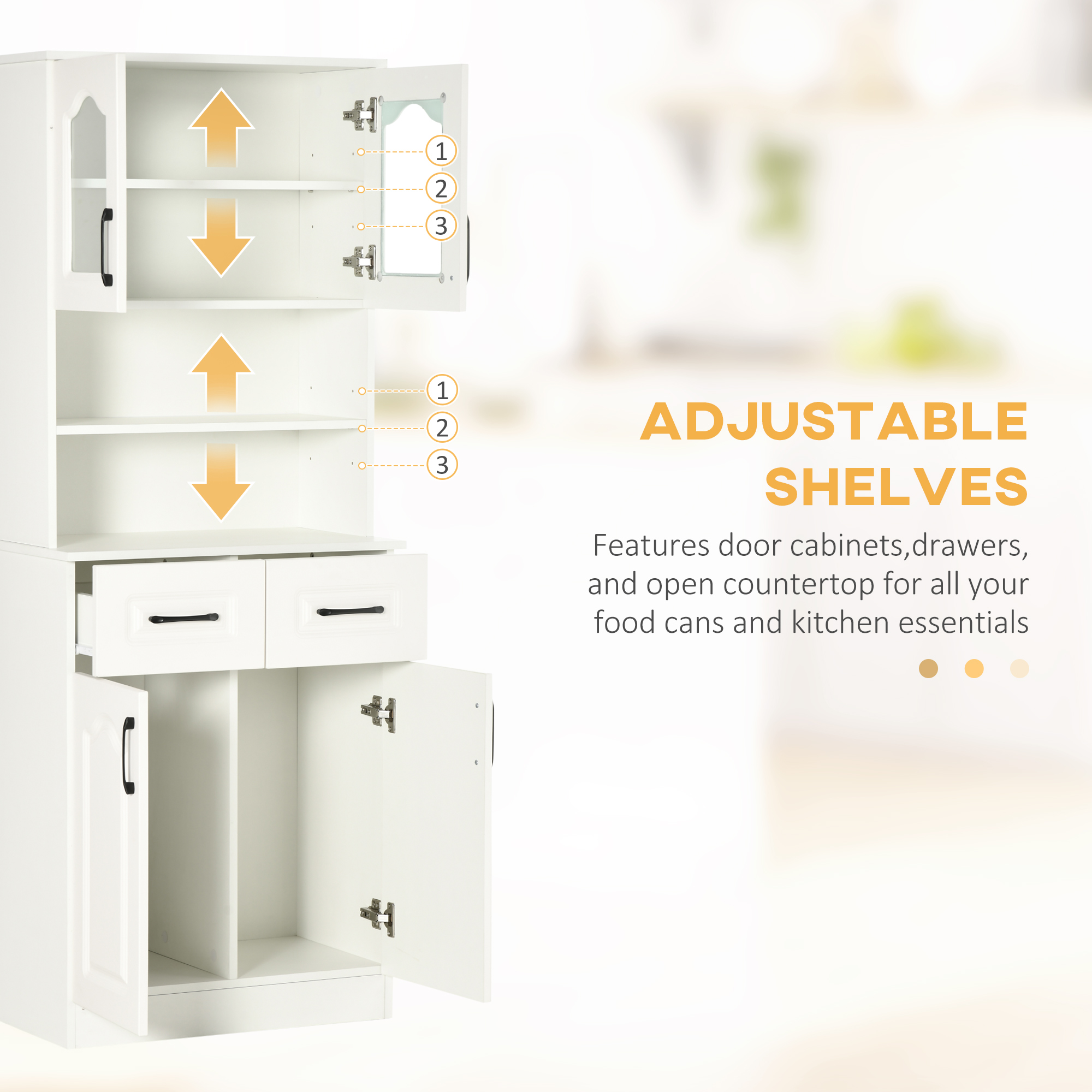 HOMCOM Kitchen Cupboard, Freestanding Storage Cabinet with 2 Adjustable Shelves, 2 Drawers and Open Counter for Living Room, Dining Room, 168cm, White 5