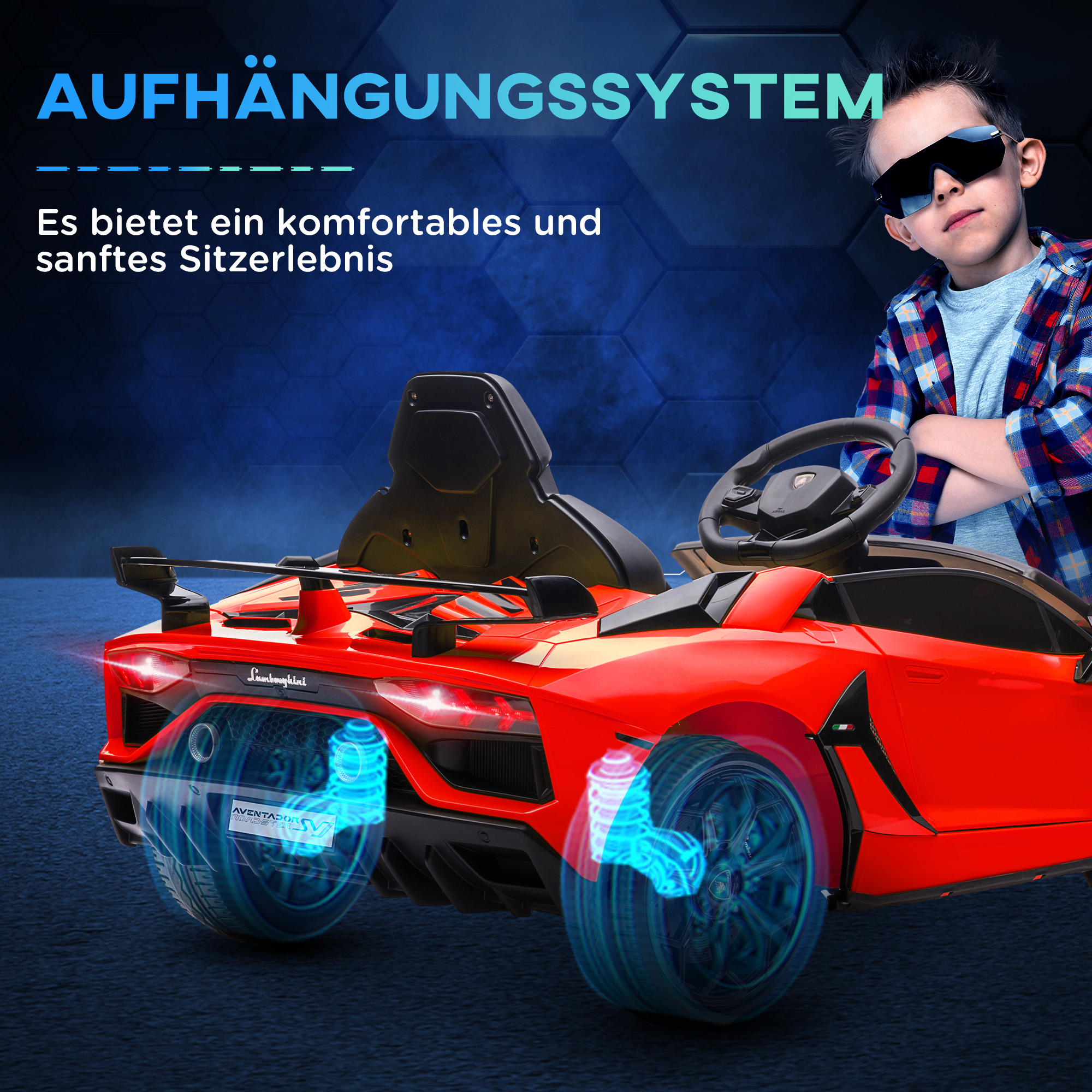 Elektriline lasteauto, litsentseeritud Lamborghini Aventador, kajakiibadega uksed, muusika, signaal, 3-5 aastaks, punane