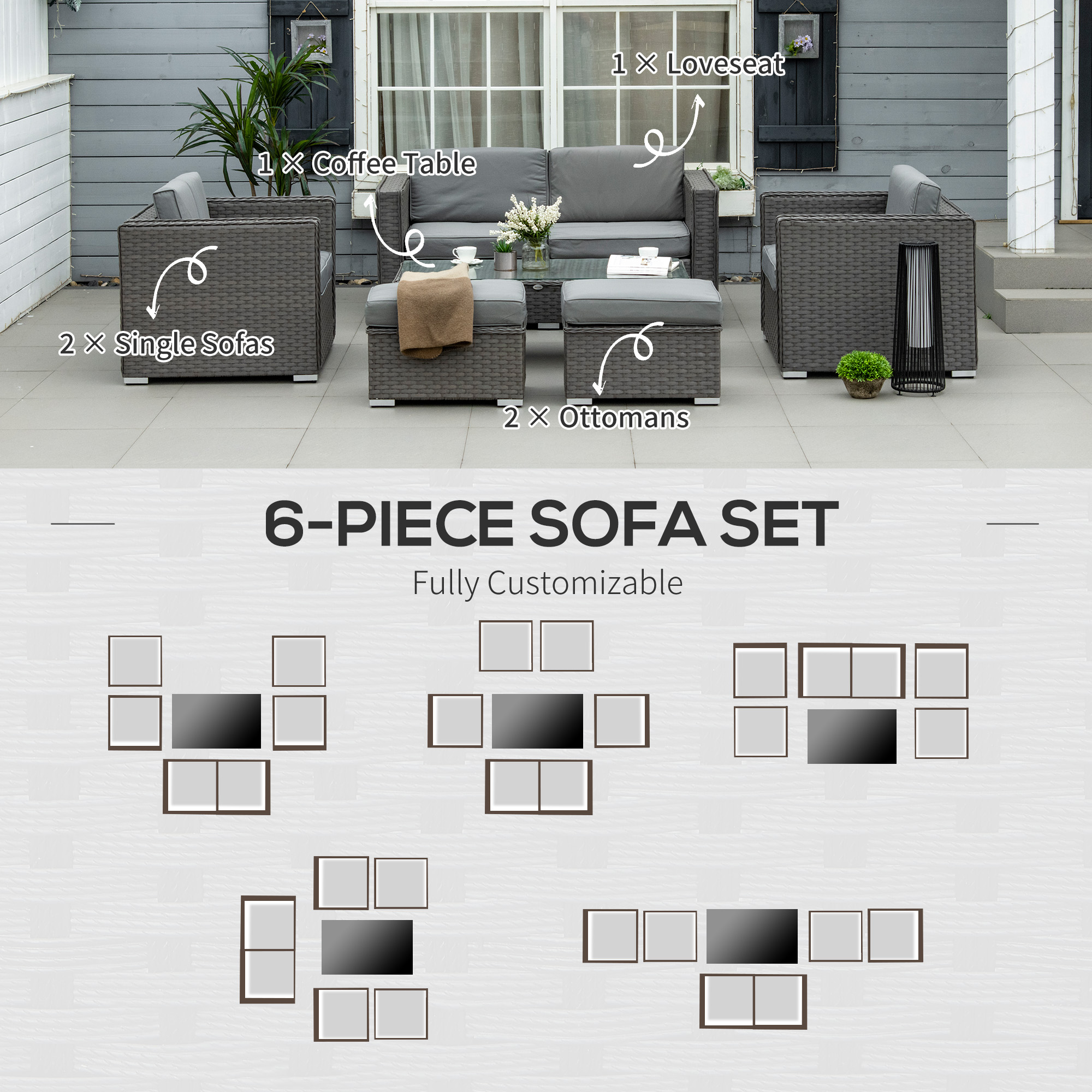 Outsunny 6PC Garden Rattan Sofa Set Bonzer Outdoor Furniture Patio Table Loveseat Stool Lounging Ottoman Aluminium Frame Wicker Weave Conservatory Grey 6