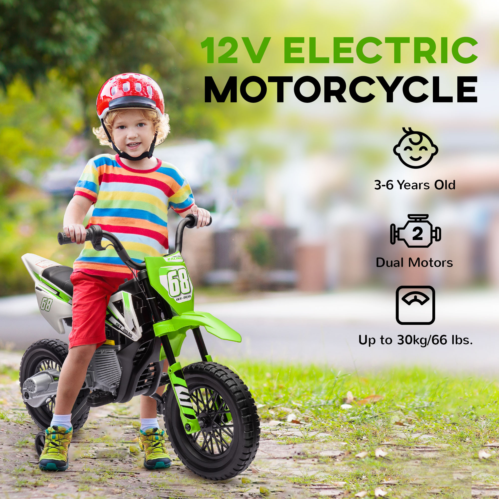 AIYAPLAY 12V Kids Electric Motorbike, Kids Electric Ride on motorcycle w/ Twist Grip Throttle, Training Wheels, Green 6