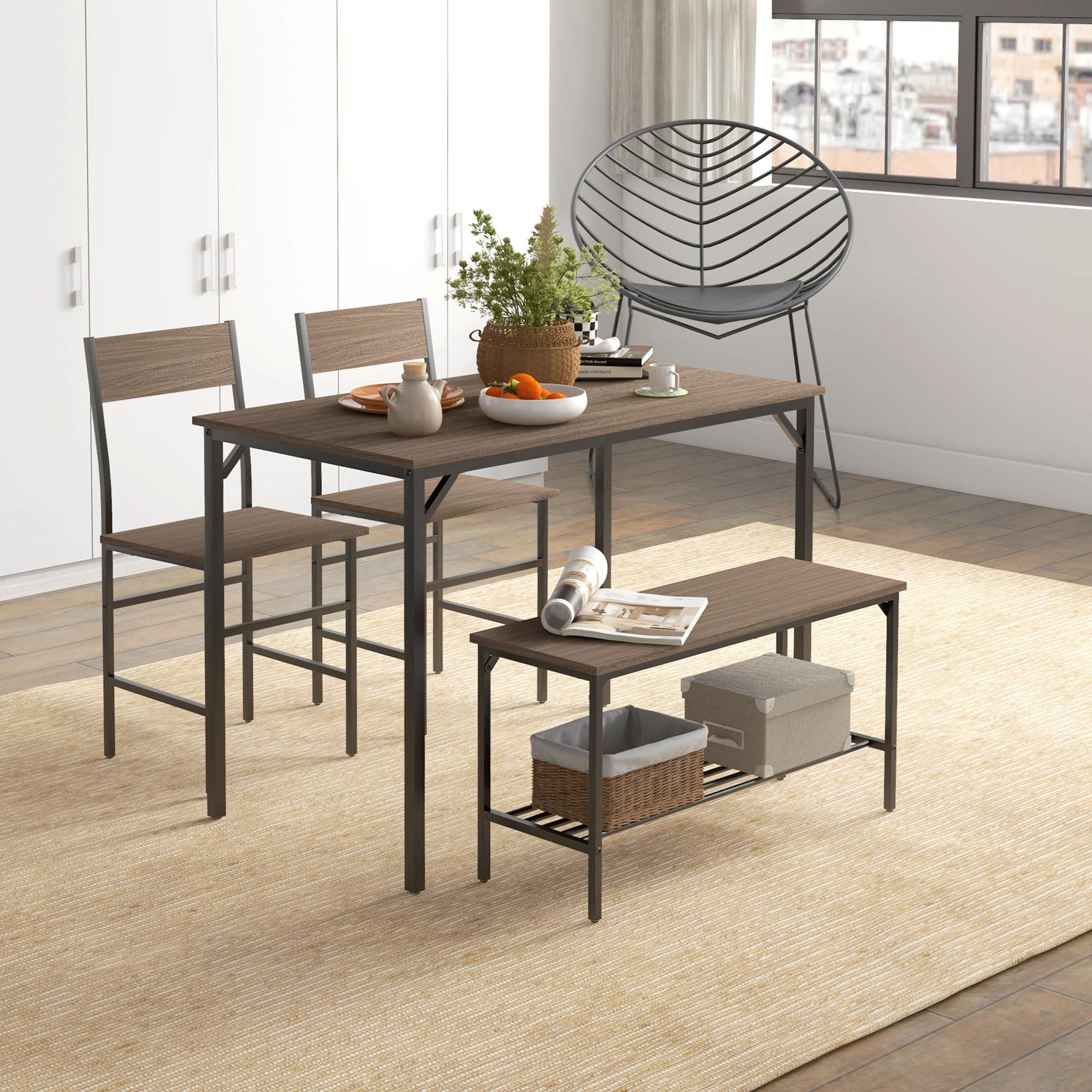 HOMCOM Four-Piece Dining Set, With Table, Chairs and Bench 2